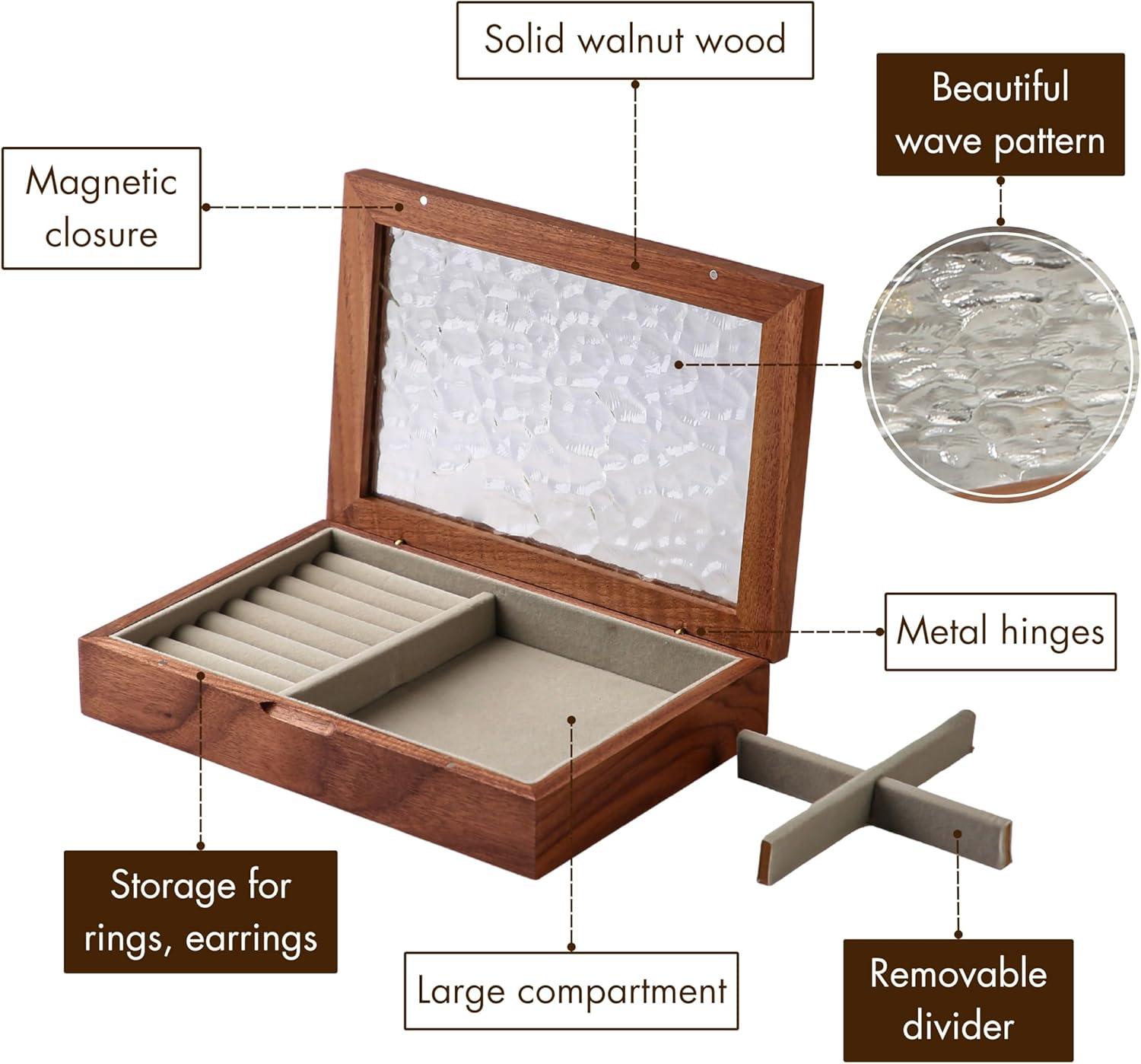 Medium Walnut Wood Jewelry Box with Glass Lid and Compartments