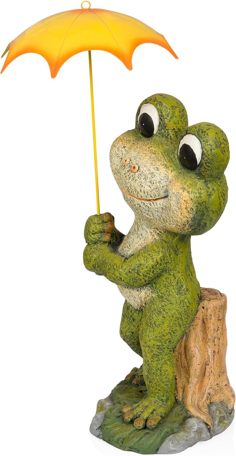 Green Frog Garden Statue with Yellow Umbrella, 23"