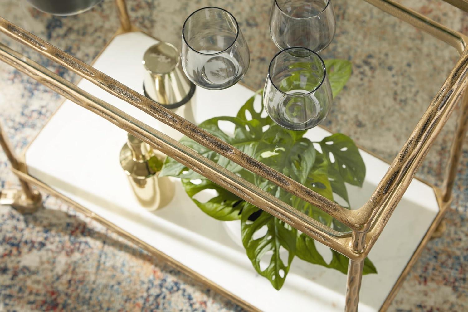 Signature Design by Ashley Kailman Bar Cart Gold Finish: Modern Mirrored Glass Beverage & Cocktail Cart with Locking Casters