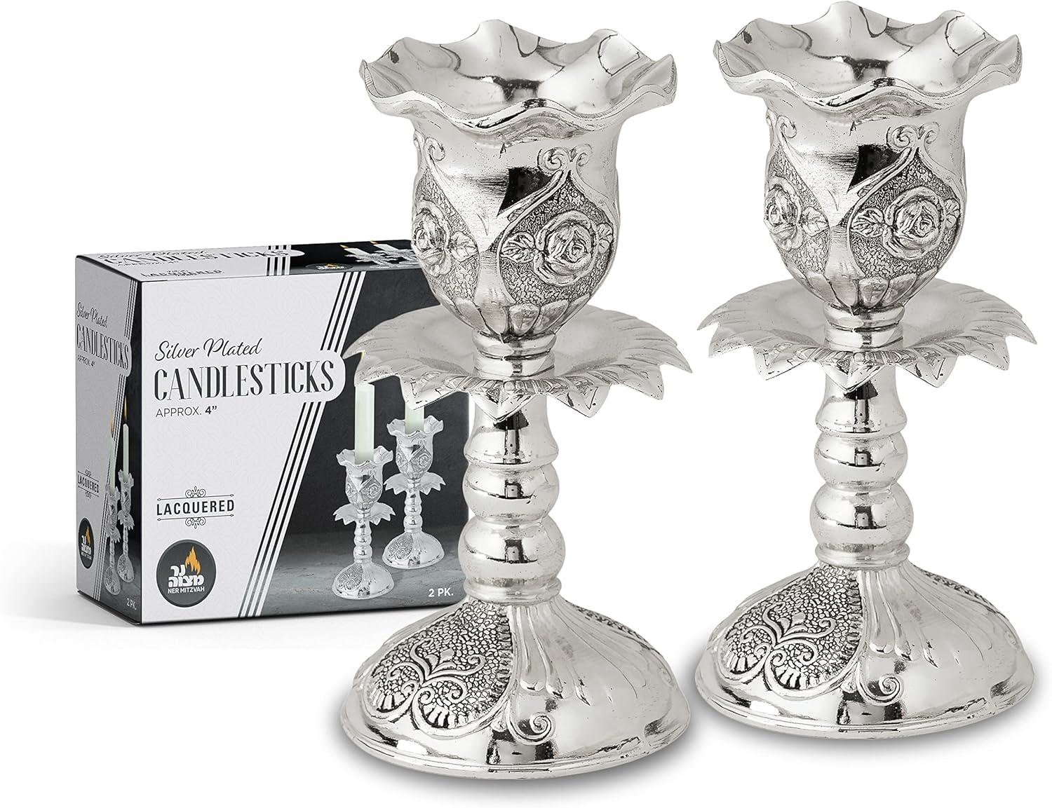 Silver Plated Candlesticks - 2 Pack Set - Pair of 4 Inch Ornate Candle Holders with Round Base and Floral Design - by Ner Mitzvah