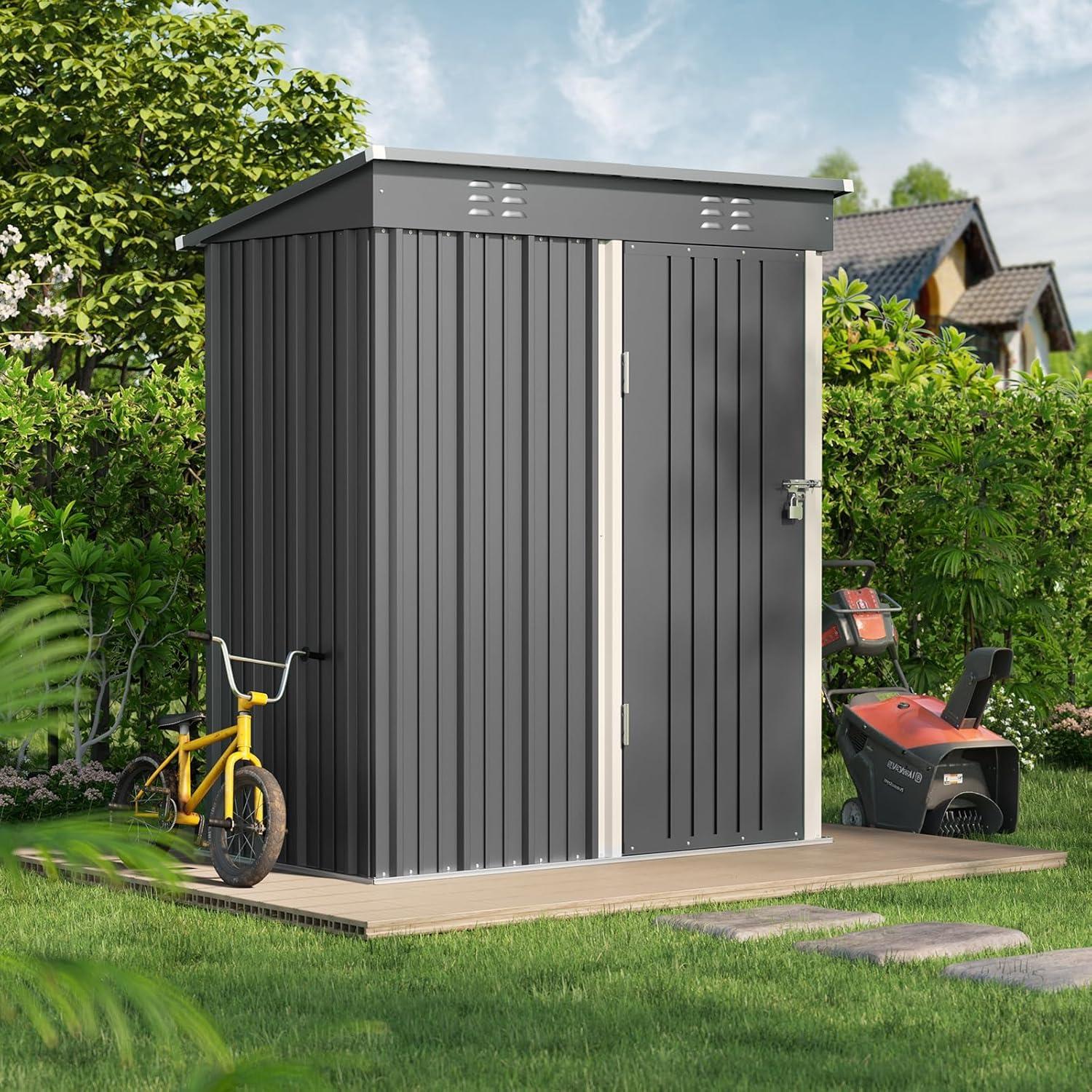 Bealife Outdoor Storage Shed Clearance, Metal Outdoor Storage Cabinet, Waterproof Tool Shed, Lockable Backyard Sheds for Garden, Patio and Lawn (Brown, 5' x 3')