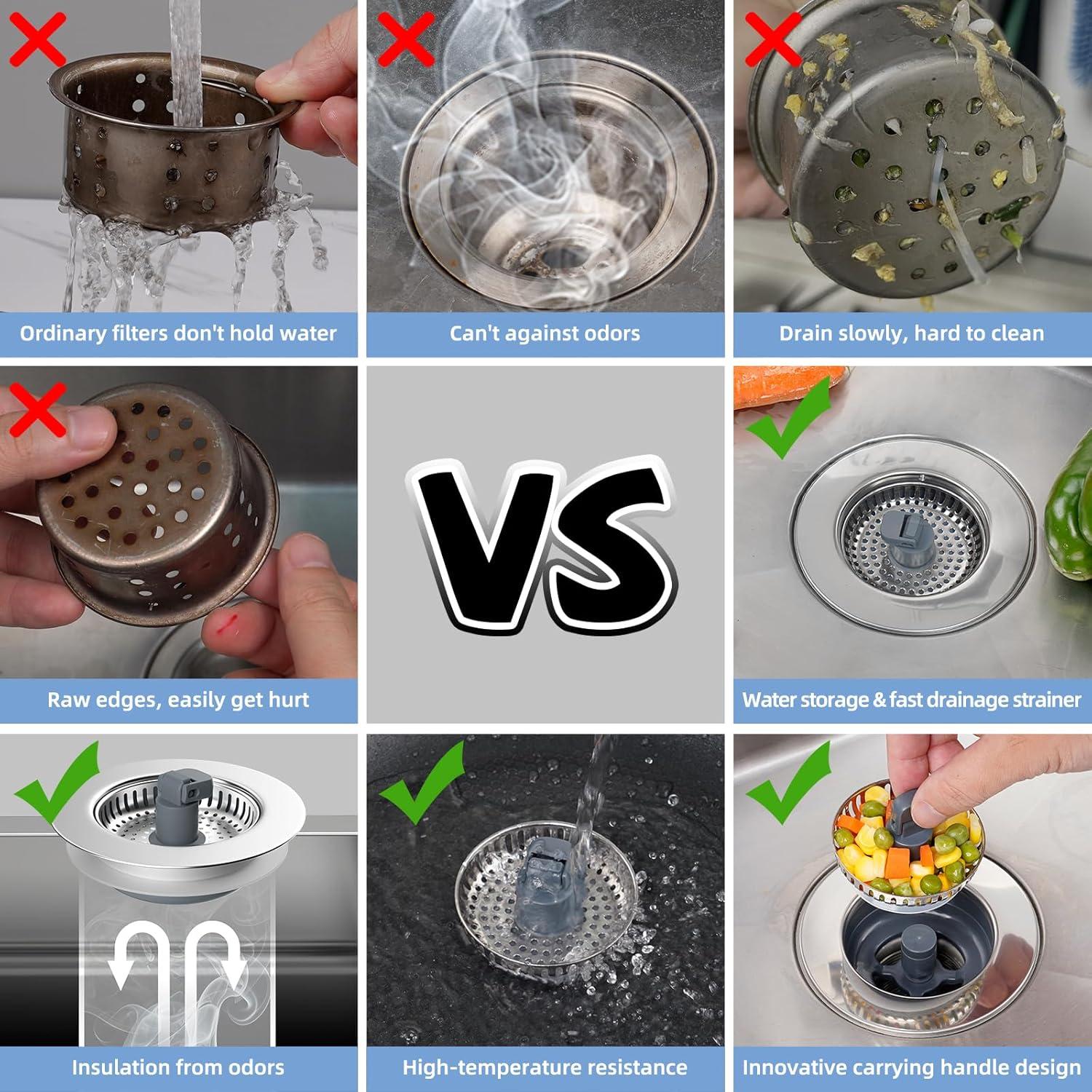 Hibbent 3-in-1 Kitchen Sink Drain Strainer  Stopper , Stainless Steel Pop-Up Design, Anti-Clogging Metal Basket with Handle, Compatible with US Standard 3-1/2" Drain