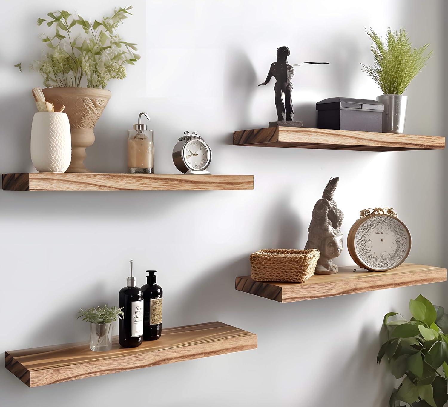 Set of 6 Light Brown Wooden Floating Wall Shelves