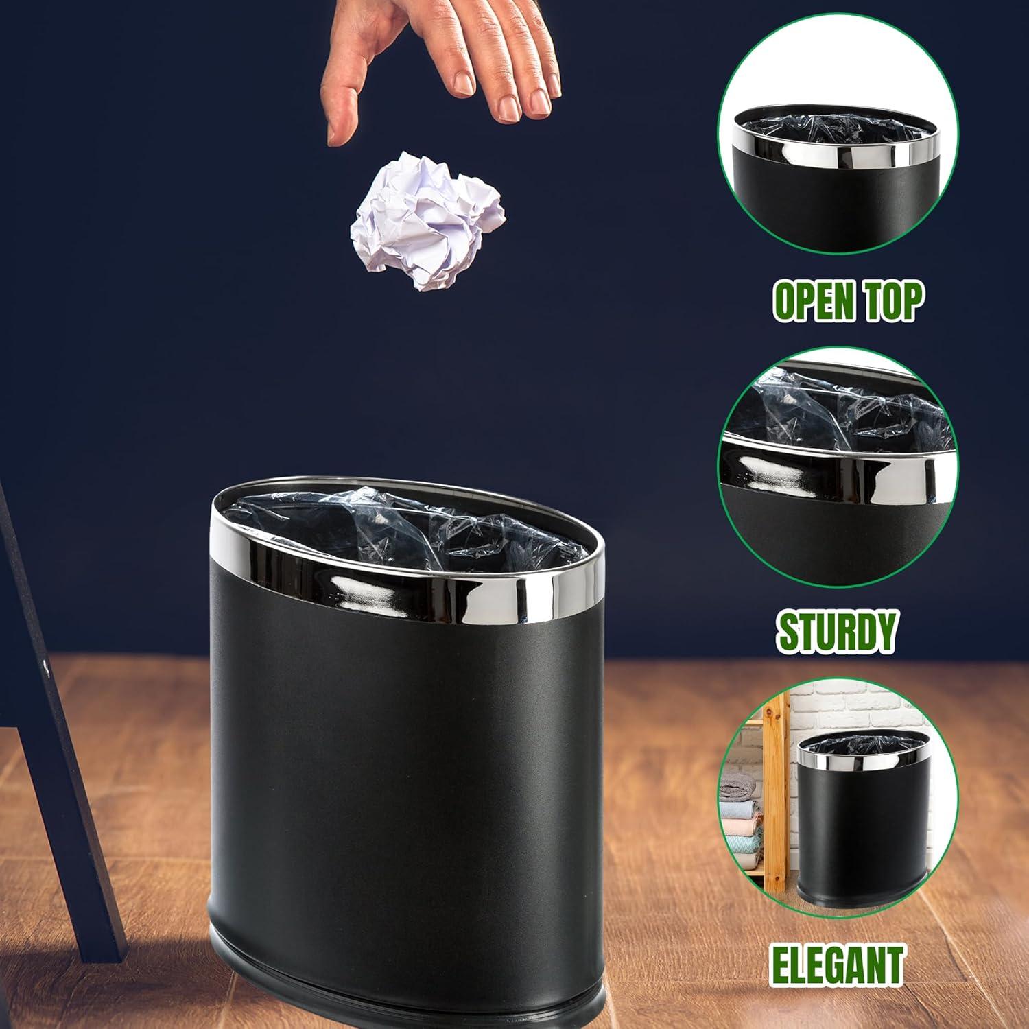 'Invisi-Overlap' Metal Trash Can, Open Top Small Office Wastebasket, Oval Shape (Black)