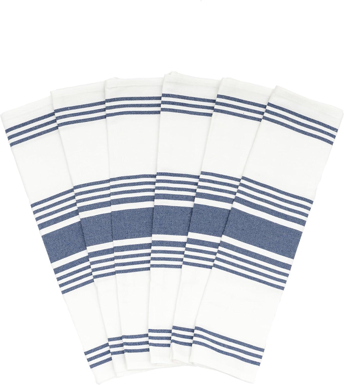 Blue Kitchen Towels - 6 Pack, 100% Cotton, 30"x20" Blue Stripes Cotton Tea Towels with Hanging Loop - Absorbent, Durable, and Washable Indigo Dish Towels - Lint-Free Indigo Kitchen Towels (6 Pack)