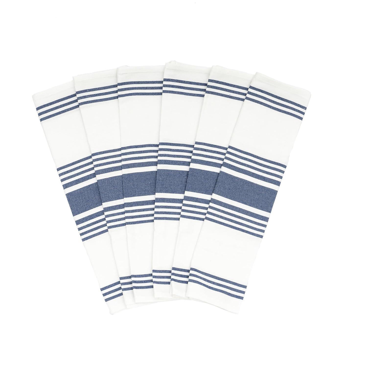 Blue Kitchen Towels - 6 Pack, 100% Cotton, 30"x20" Blue Stripes Cotton Tea Towels with Hanging Loop - Absorbent, Durable, and Washable Indigo Dish Towels - Lint-Free Indigo Kitchen Towels (6 Pack)