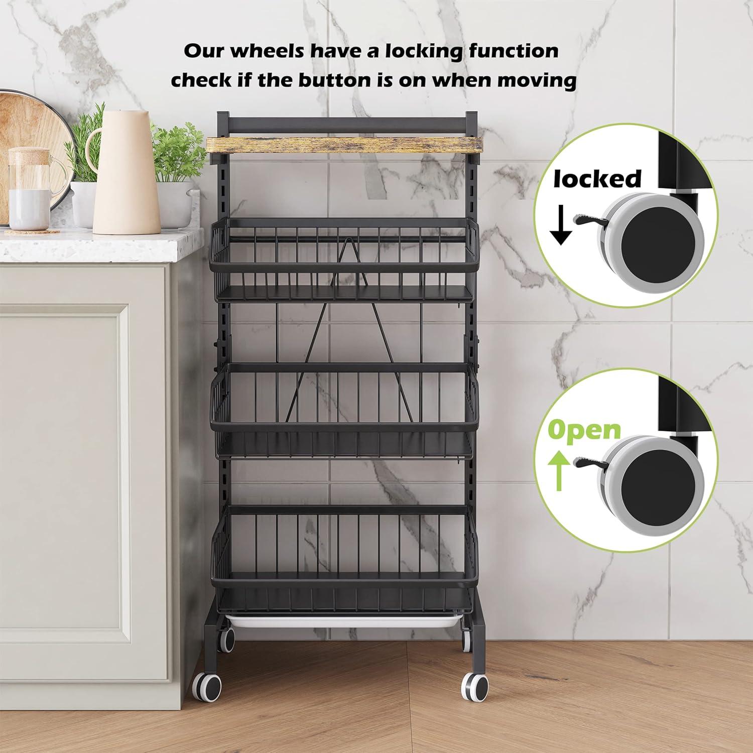 Fruit Basket 4-Tier Adjustable Fruit Vegetable Basket Cart Metal Wire Storage Cart Rolling Pantry Utility Kitchen Cart