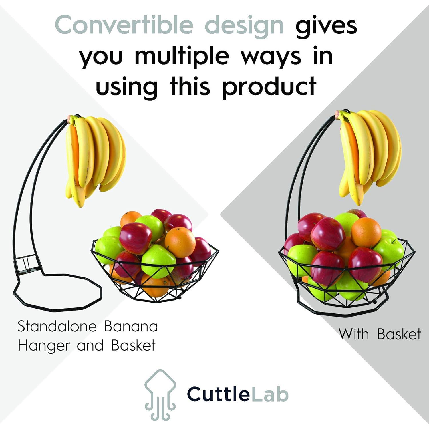 Fruit Basket with Banana Hanger and Fruit Bowl. Kitchen Counter Fruit Bowl with Banana Holder used as Bread, Vegetable or Produce Basket, Egg Holder, 2 Tier