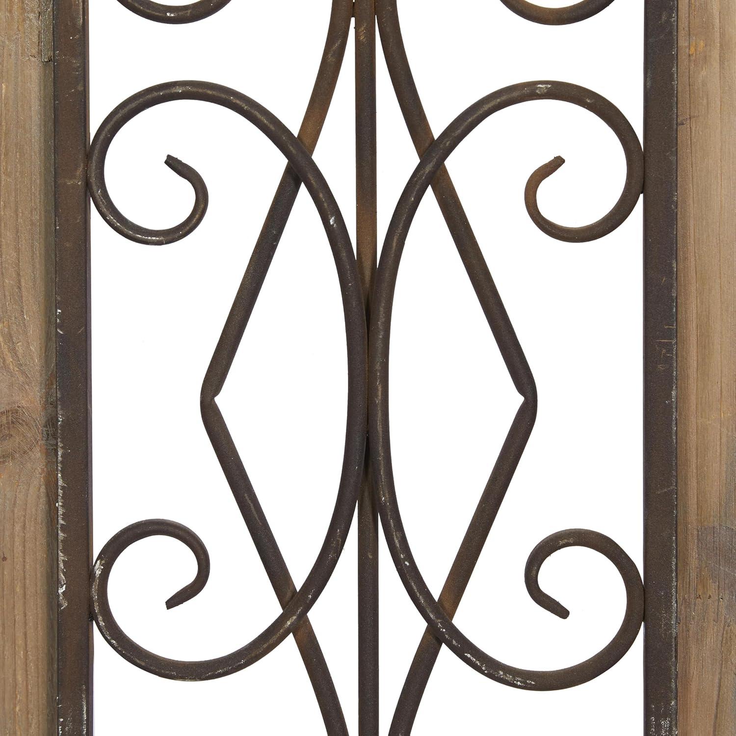 Deco 79 Wood Scroll Home Wall Decor Window Inspired Wall Sculpture with Metal Scrollwork Relief, Wall Art 11" x 2" x 23", Brown