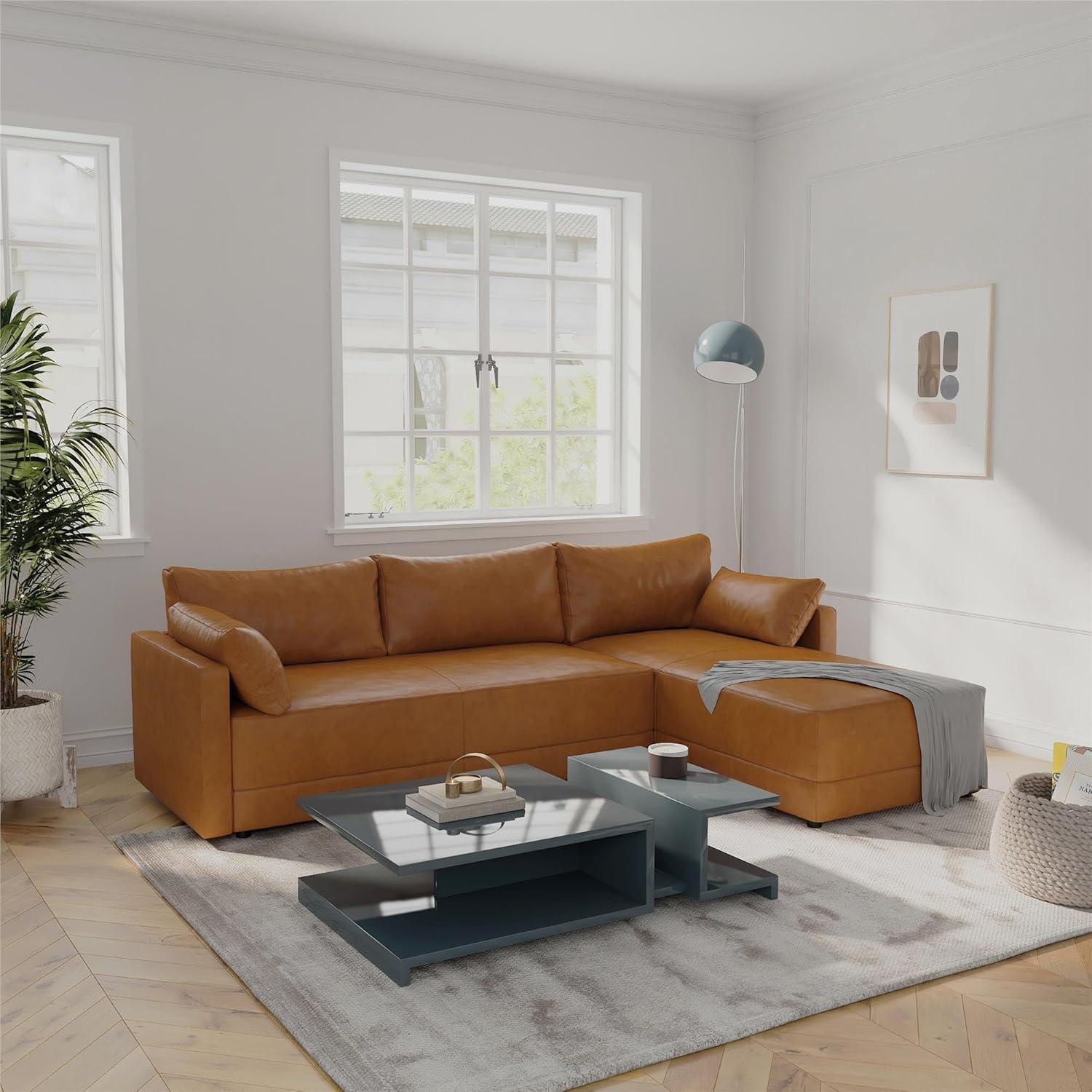 Dorel Living Kindra Sectional Sofa, Camel Faux Leather