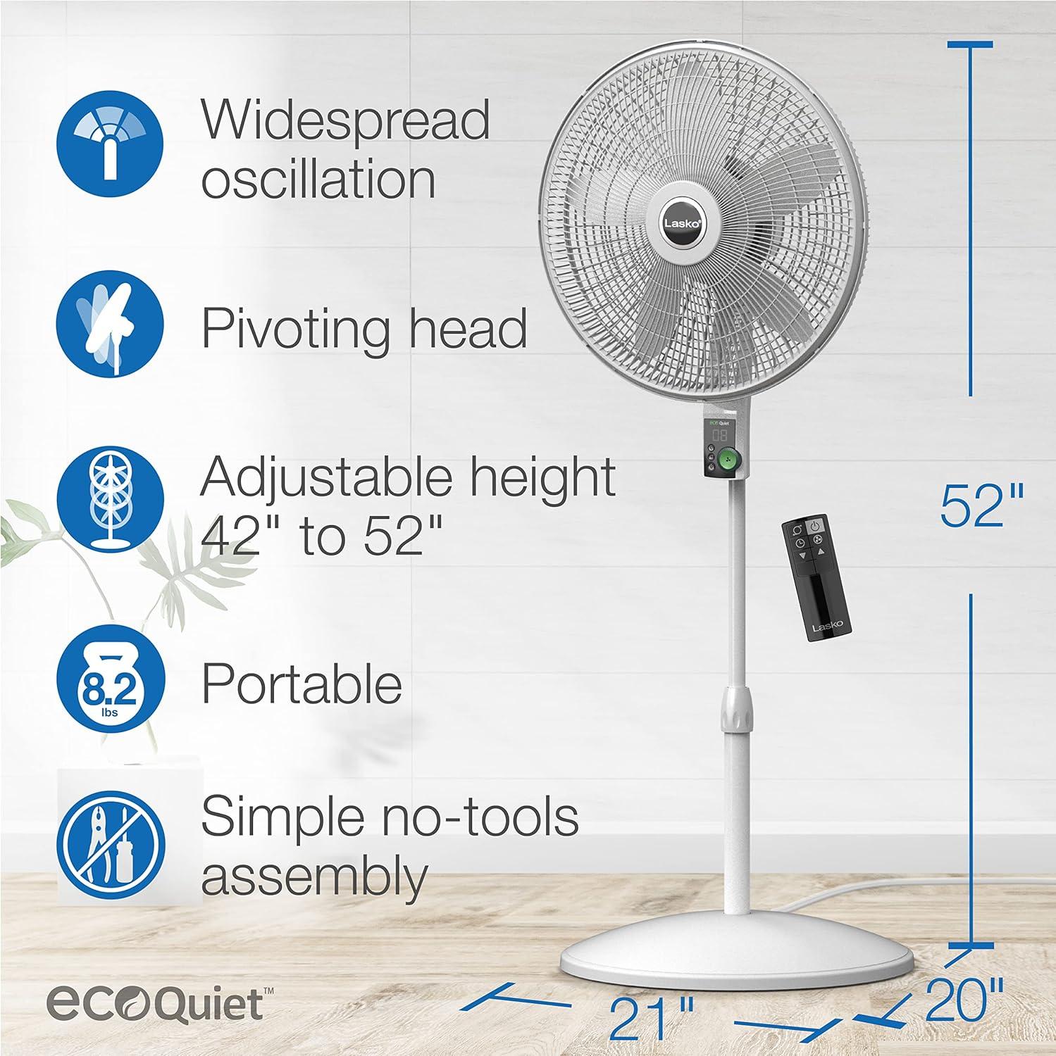 EcoQuiet White Adjustable Height Oscillating Floor Fan with Remote