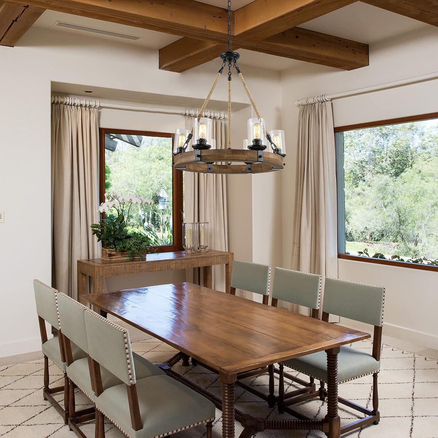 Farmhouse Chandeliers for Dining Rooms,6-Lights 25 Wagon Wheel Chandelier,Hemp Rope Wood Chandelier with Seeded Glass Shade