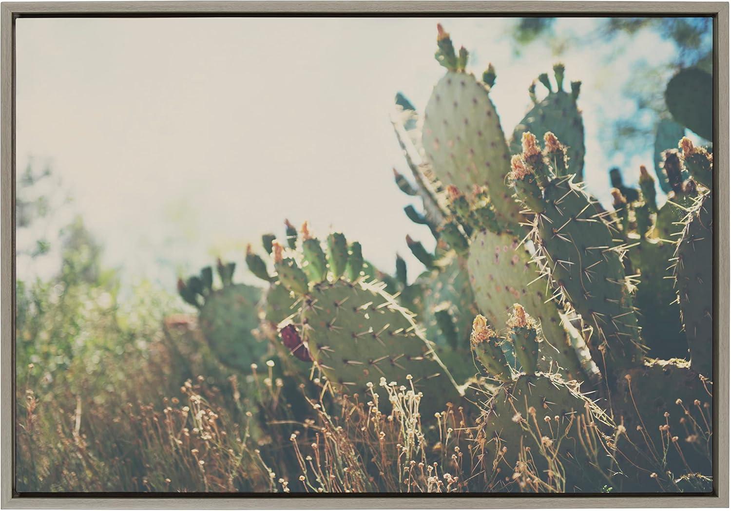 Gray Framed Desert Prickly Pear Cactus Canvas Wall Art