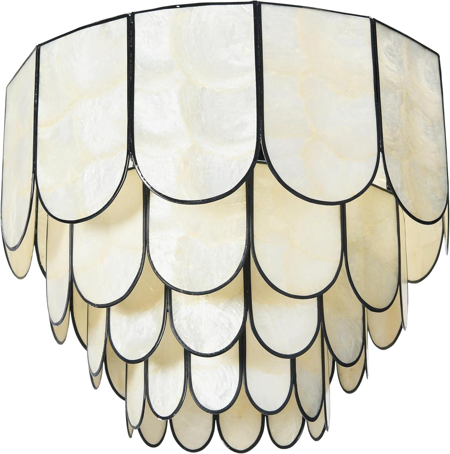 Storied Home 14" Round 4-Tier Capiz and Metal Flush Mount Ceiling Light Black: UL Listed, Iron Body, Off-White Shade
