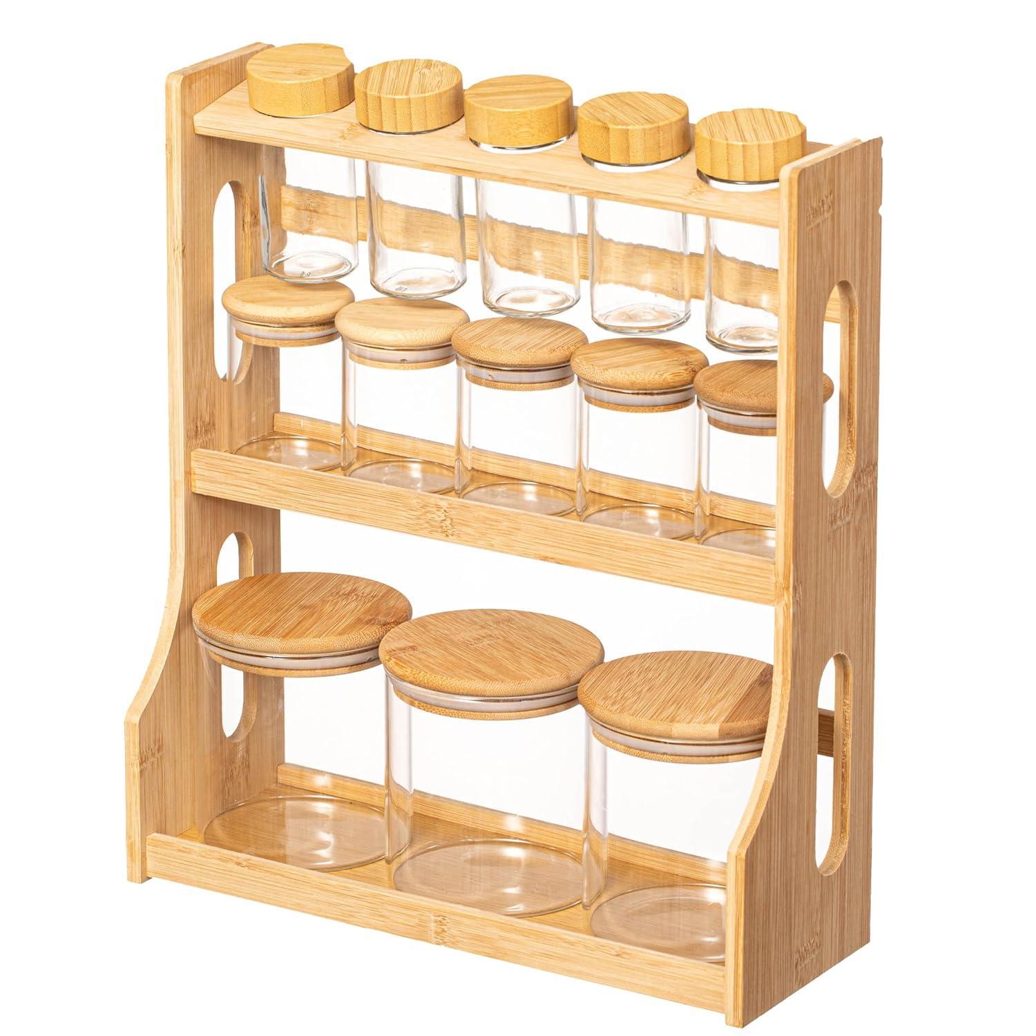 Basicwise Basicwise Versatile 3-tier Bamboo Spice Rack And Pantry Organizer With 13 Glass Jars – Perfect For Countertop Storage In Kitchens To Keep  Seasoning Containers Neatly Displayed And Easily Accessible