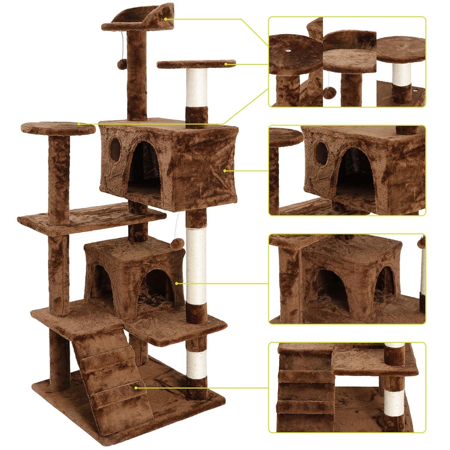 NintyFive 53 inches Heavy Duty Multi-Level Cat Tree Tower with Condo Furniture & Scratching Posts for Kittens Play Rest (Brown)