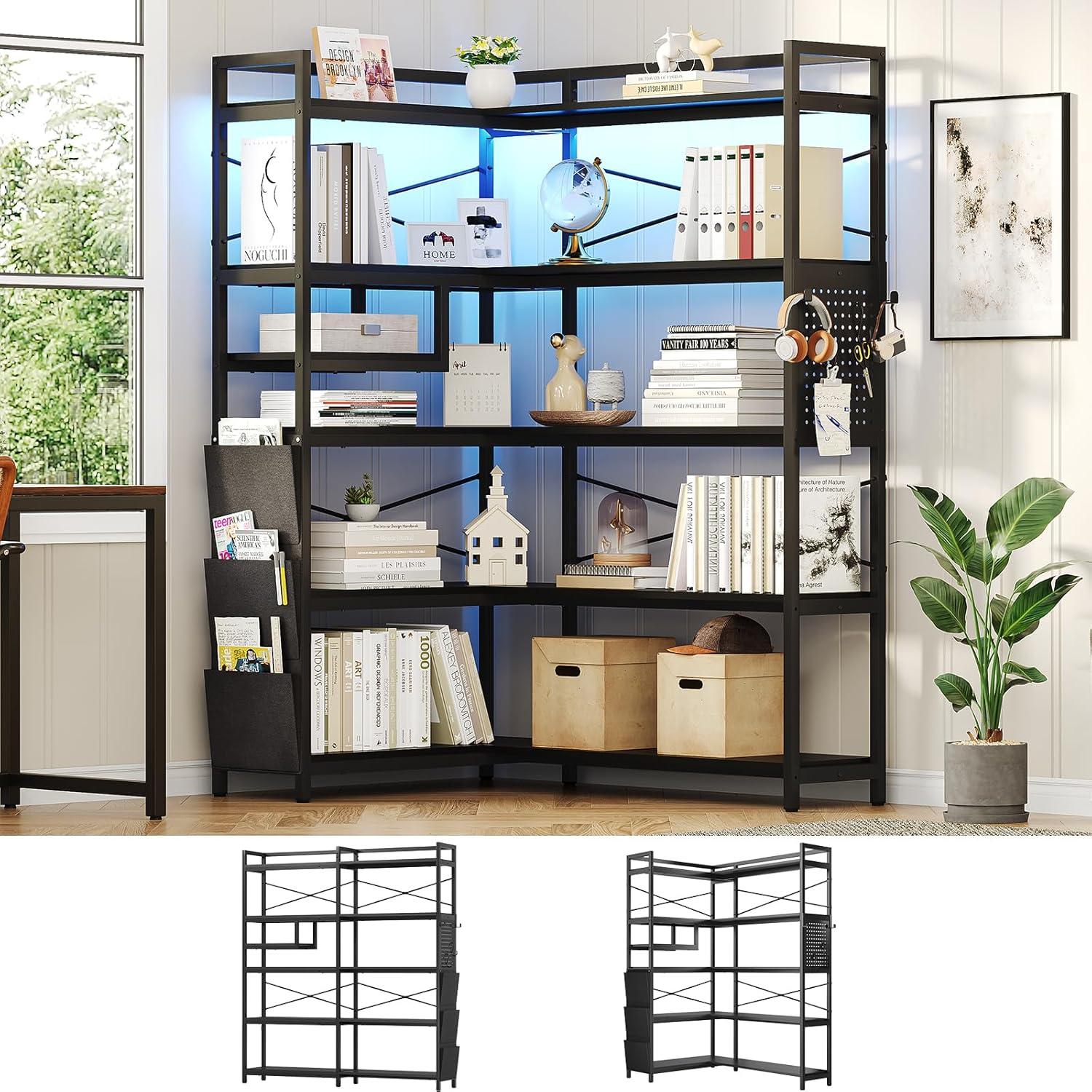 5-Tier Book Shelf with LED Light, 63" Reversible Storage Shelves, Corner Bookshelf with Storage Bag and Pegboard, Black