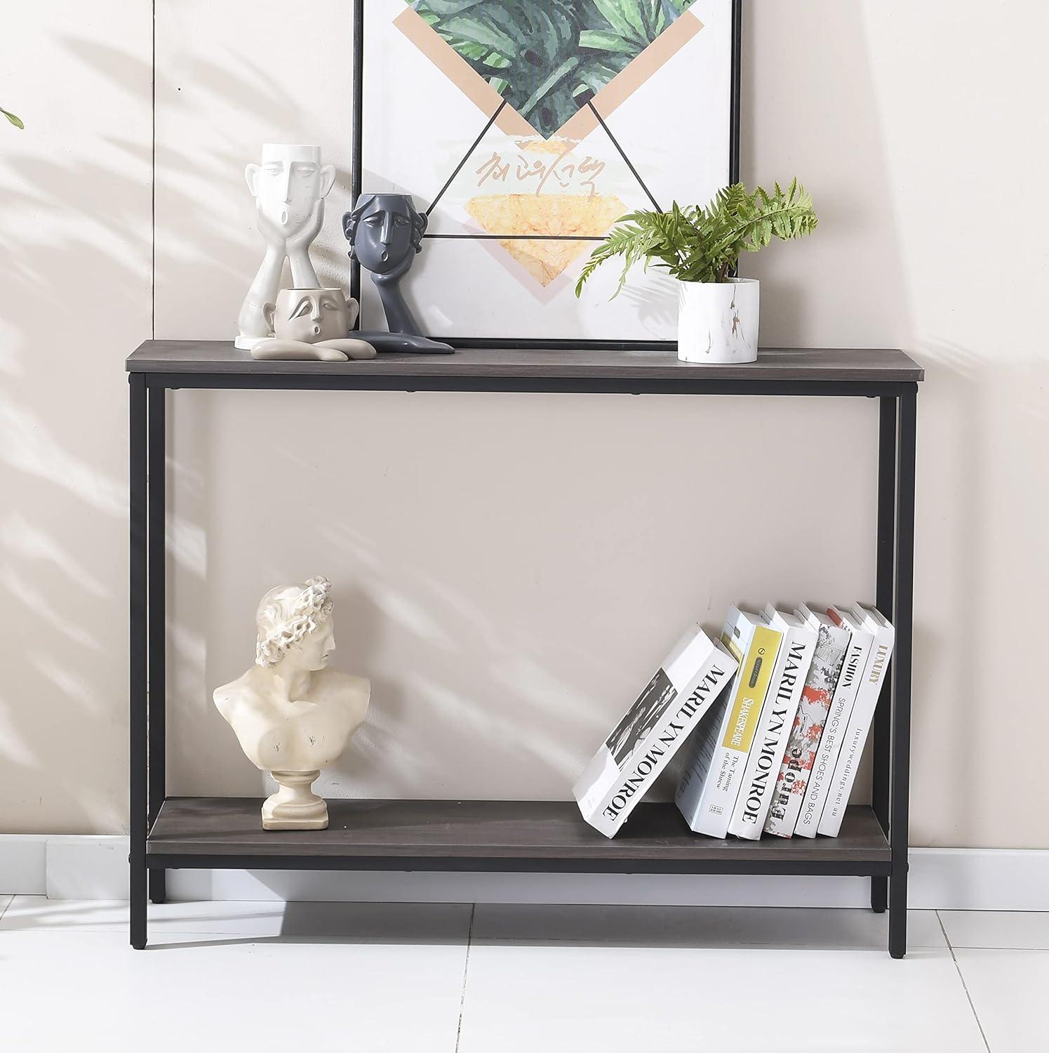 Dark Gray Industrial Wood and Metal Console Table