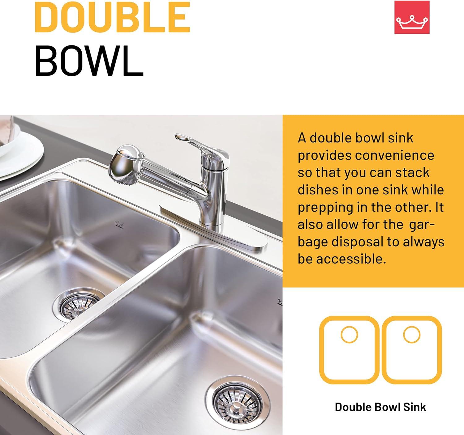 Kindred Creemore 33-in LR x 22-in FB x 8-in DP Drop In Double Bowl 4-Hole Stainless Steel Kitchen Sink, CDLA3322-8-4CBN