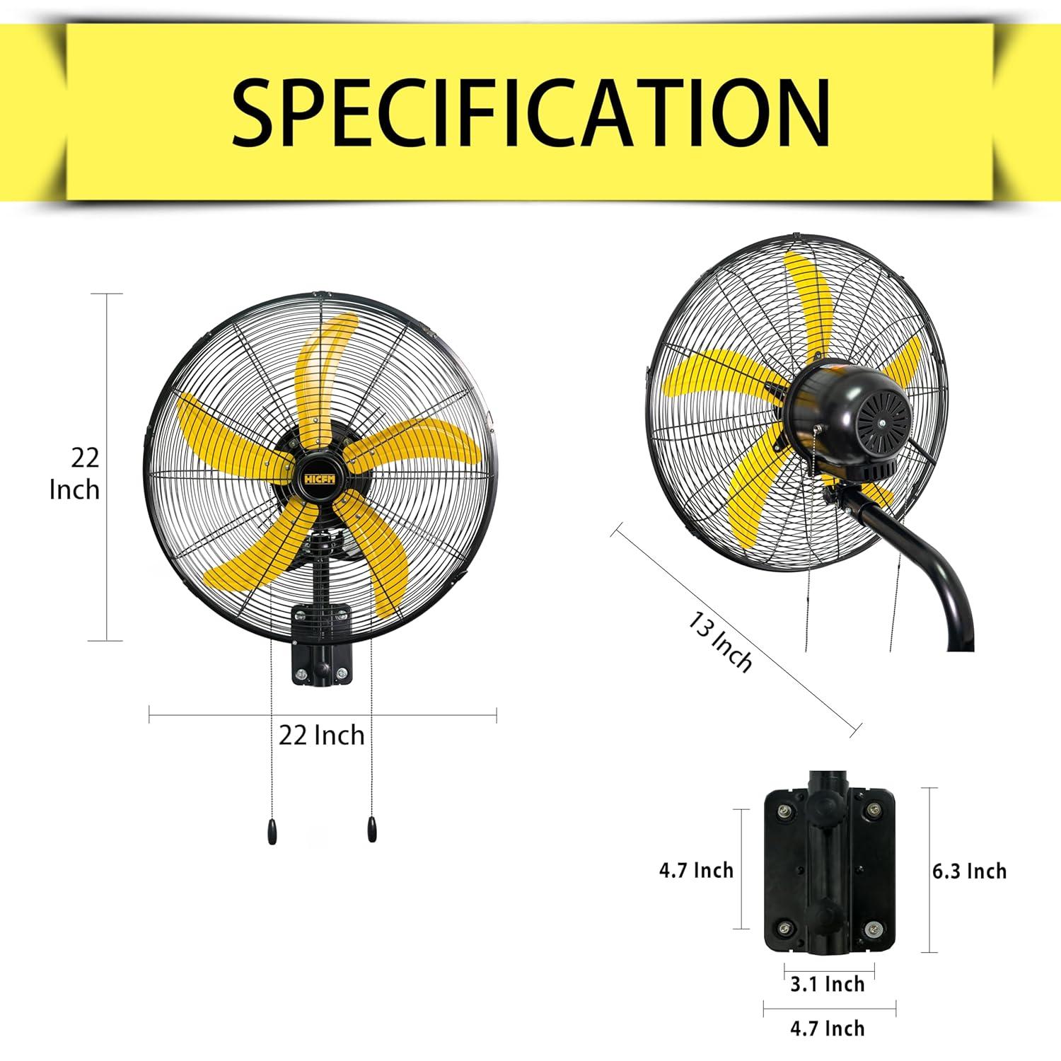 20 in. Oscillating Wall Fan, 4800 CFM High Velocity Industrial Mounted Wall Heavy-Duty Fans in Yellow with 3 Speeds