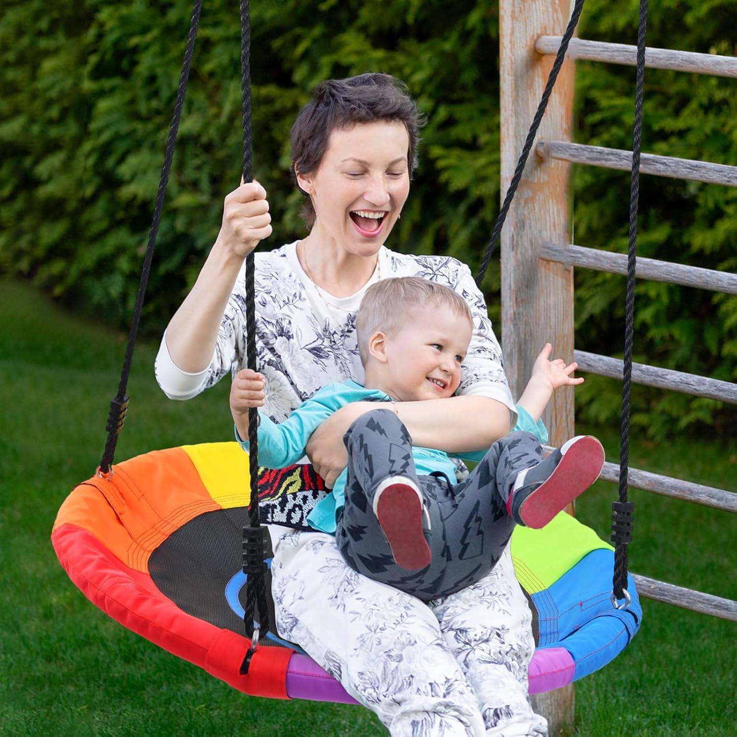 KloKick Saucer Tree Swing 700lb 40in for Kids Adults Waterproof Sets with 2pcs Tree Hanging Straps, Heavy-Duty Steel Frame & Adjustable Ropes, Rainbow