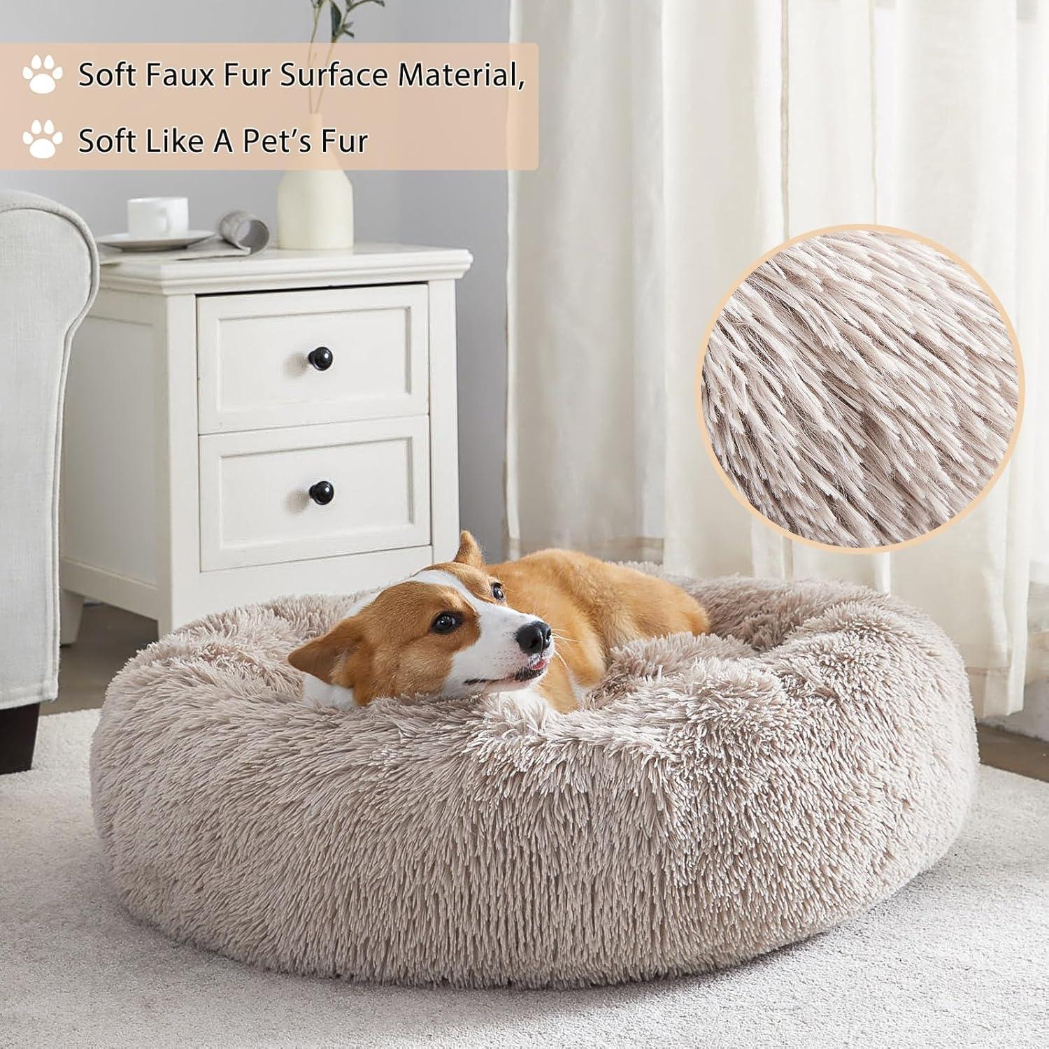 Calming Dog Bed Cat Bed Donut, Faux Fur Pet Bed Self-Warming Donut Cuddler, Comfortable Round Plush Dog Beds (20 X 20 X 8 Inch, Light Pink)