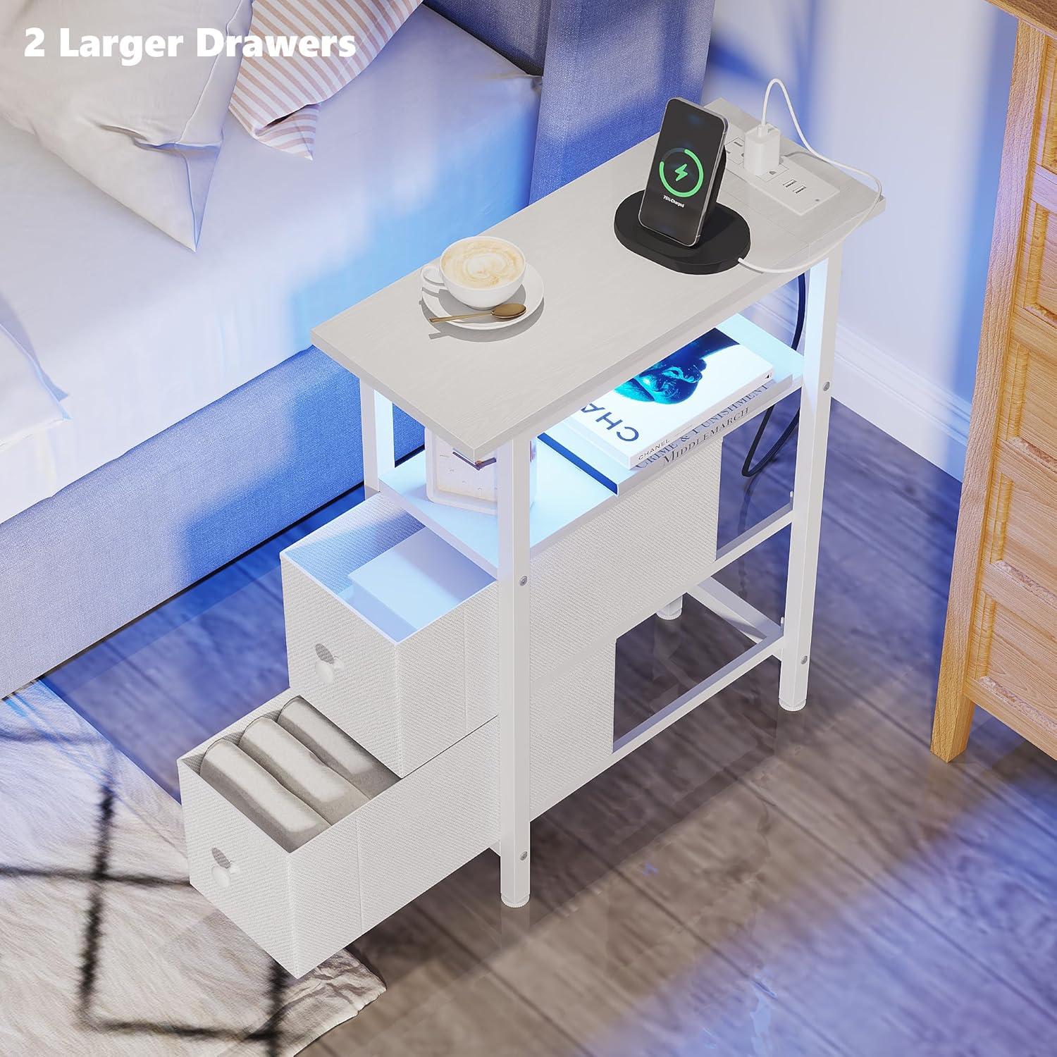 End Table with Charging Station, Narrow Side Table with 2 Fabric Drawers, Skinny Nightstand with LED Light, Slim Bedside Table for Bedroom, Living Room, Small Spaces, White