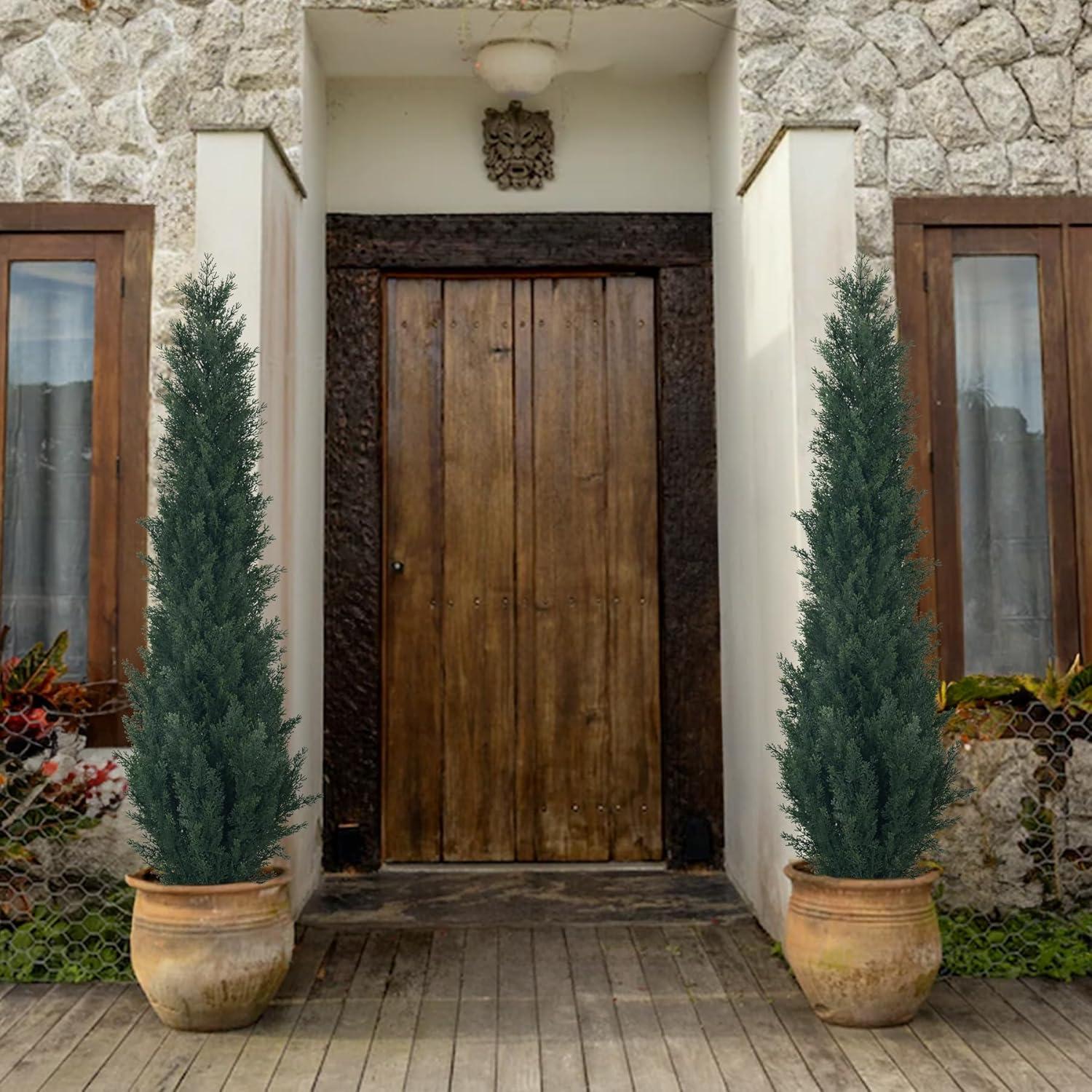 Artificial Cedar Tree 5FT Artificial Cedar Topiary Trees for Outdoors Potted Fake Cypress Trees Faux Evergreen Plants for Home Porch Decor Set of 2