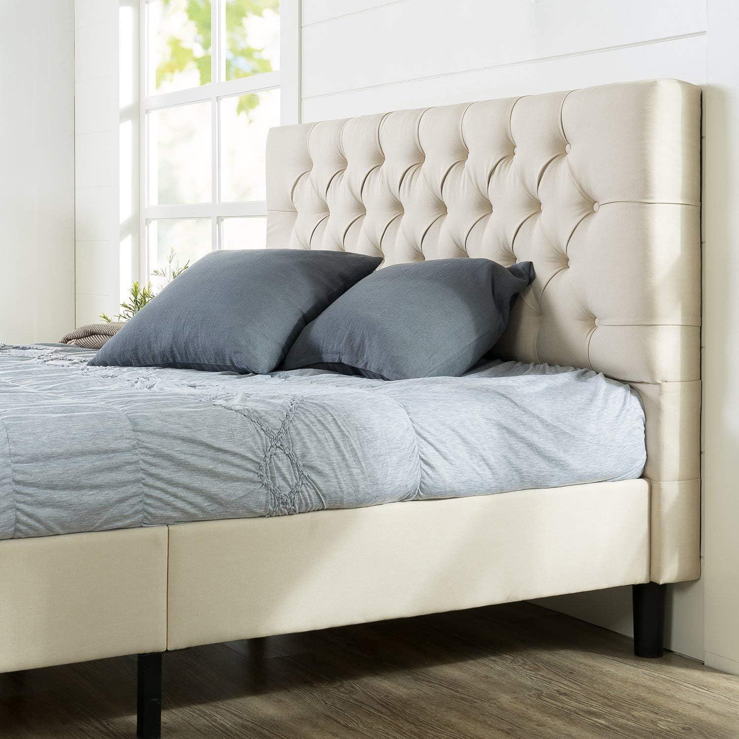 Beige Queen Upholstered Platform Bed with Tufted Headboard