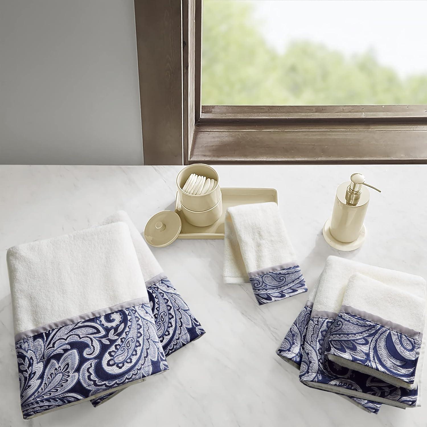 Navy and White Turkish Cotton Jacquard Towel Set