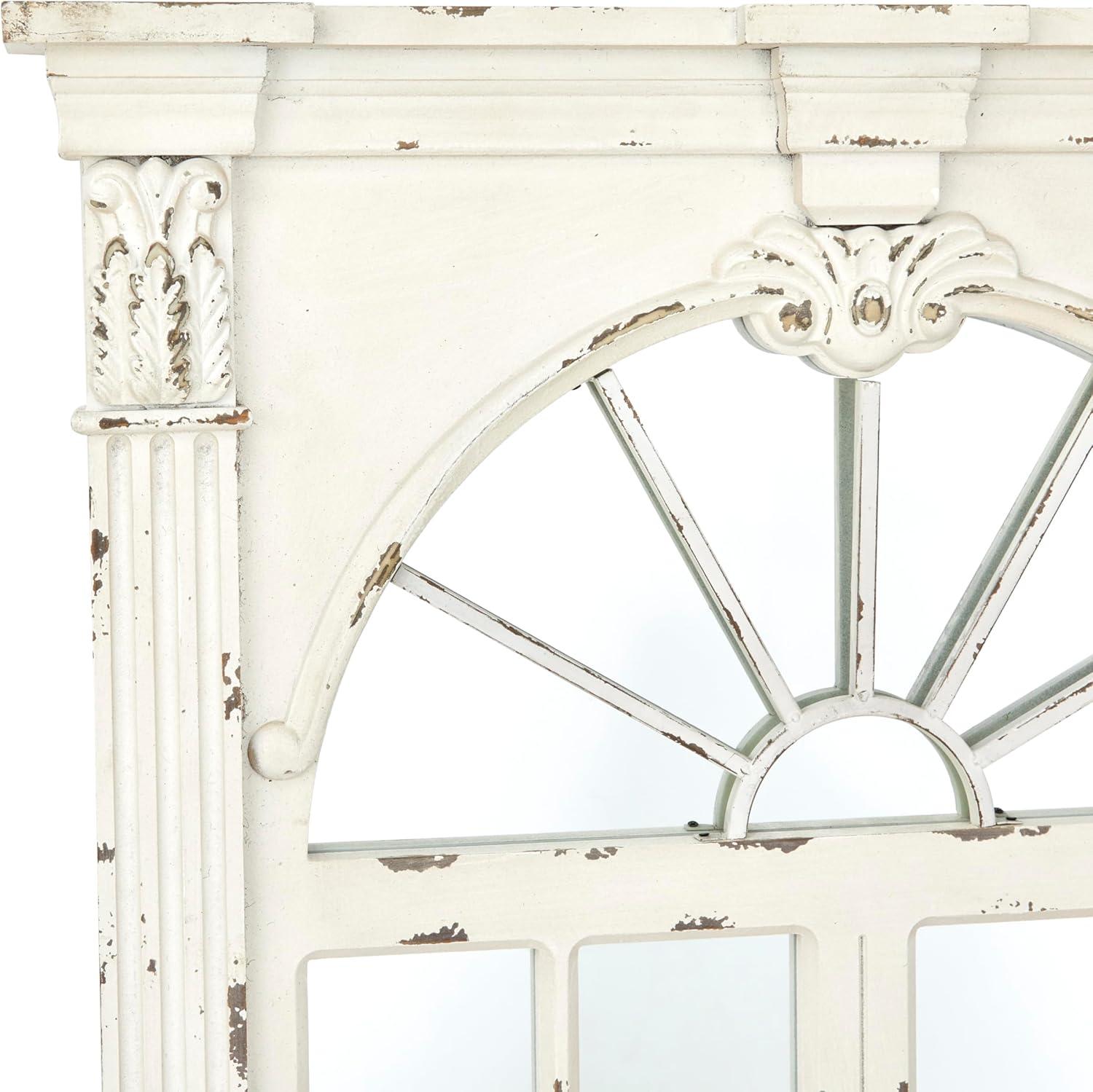 Wood Window Panes Inspired Wall Mirror with Arched Top and Distressing Cream - Olivia & May: Vintage Style, No Assembly Required