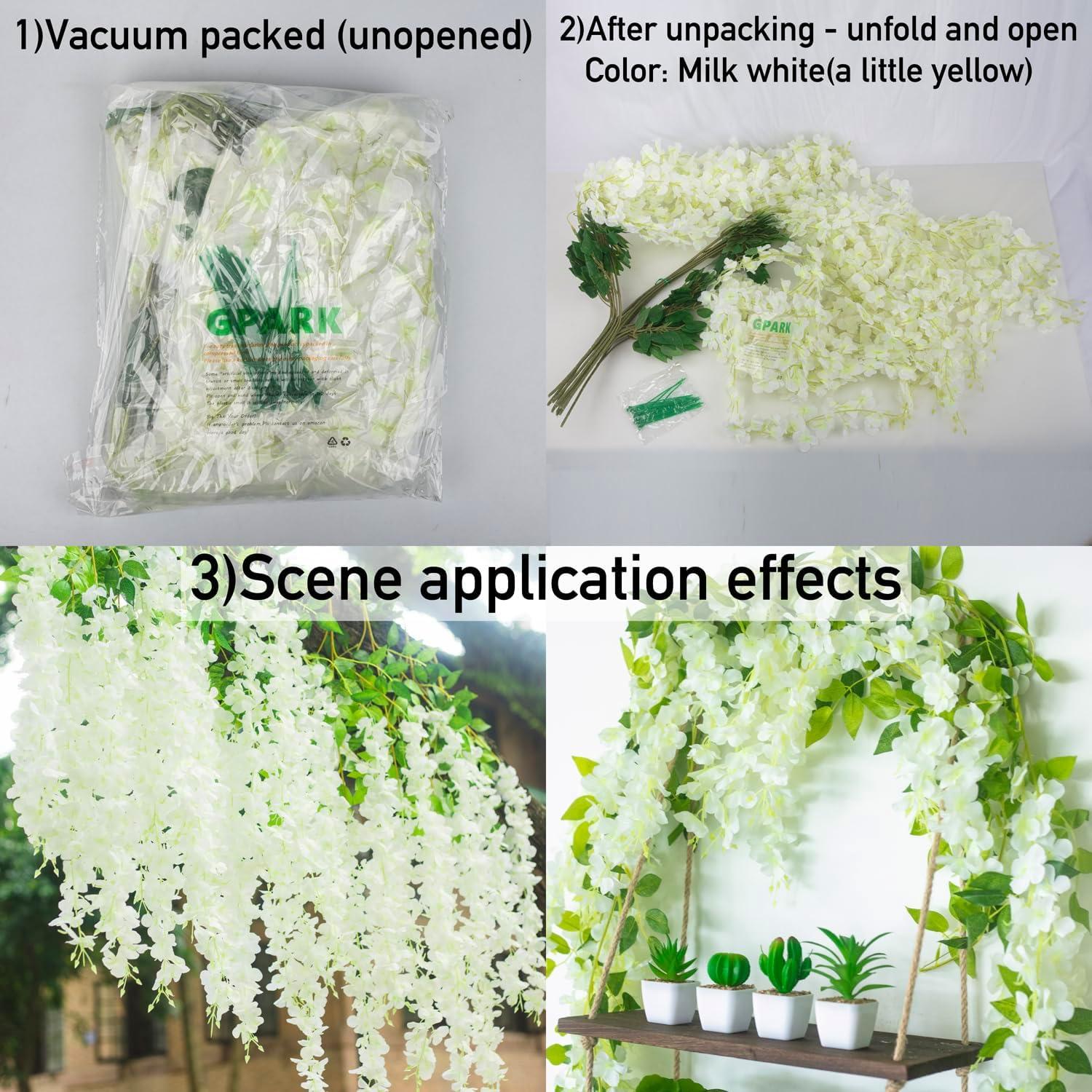 GPARK 12 Pack /45 inch /3.7ft Wisteria Hanging Artificial Flowers Fake Bushy Silk Vine Garland String for Wedding Party Garden Greenery Home Wall Deco Milk White