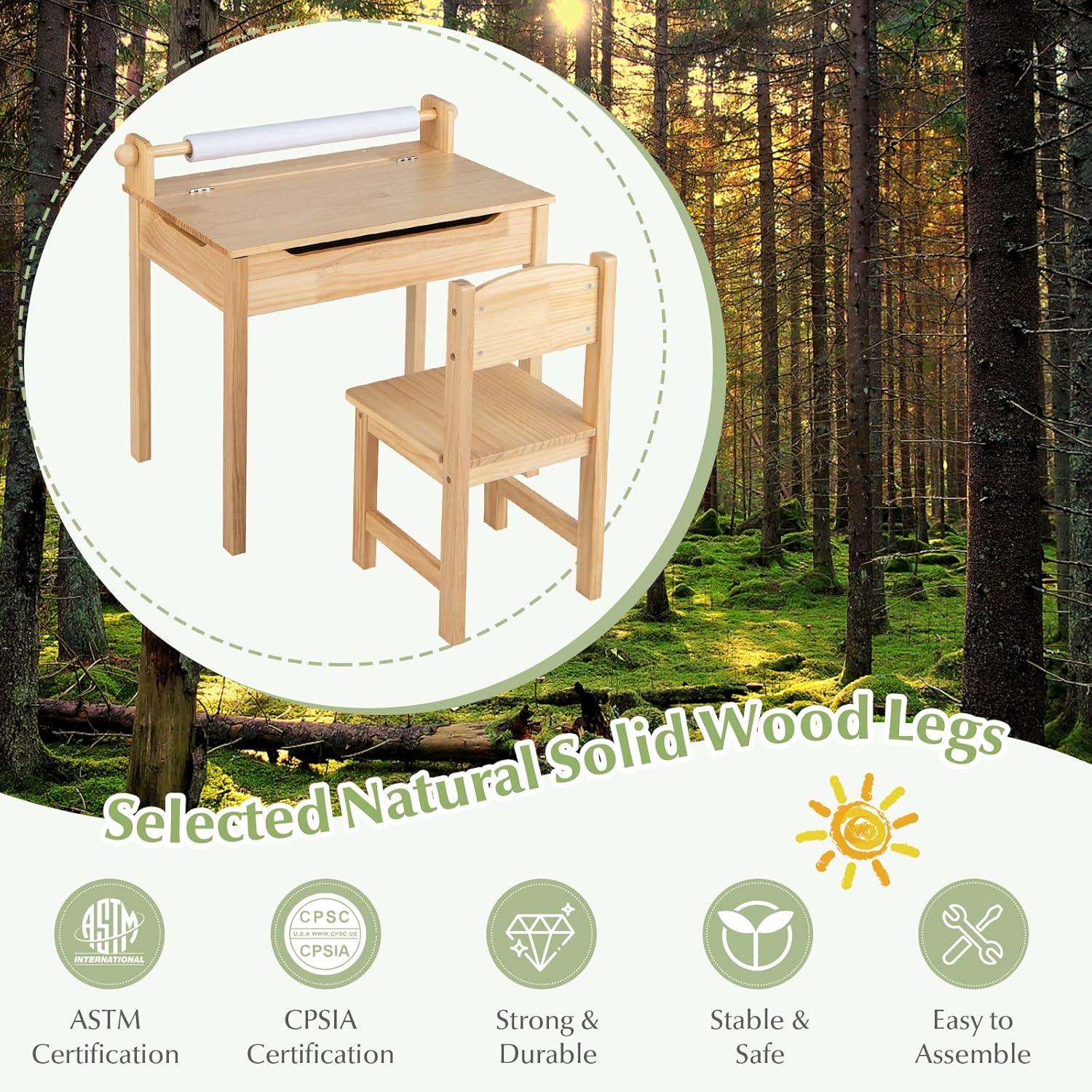 Resenkos Toddler Multifunctional Activity Table and Chair Set with Paper Roll Holder-Natural, Small Folding Table for Arts & Crafts, Snack Time, Homeschooling, Homework