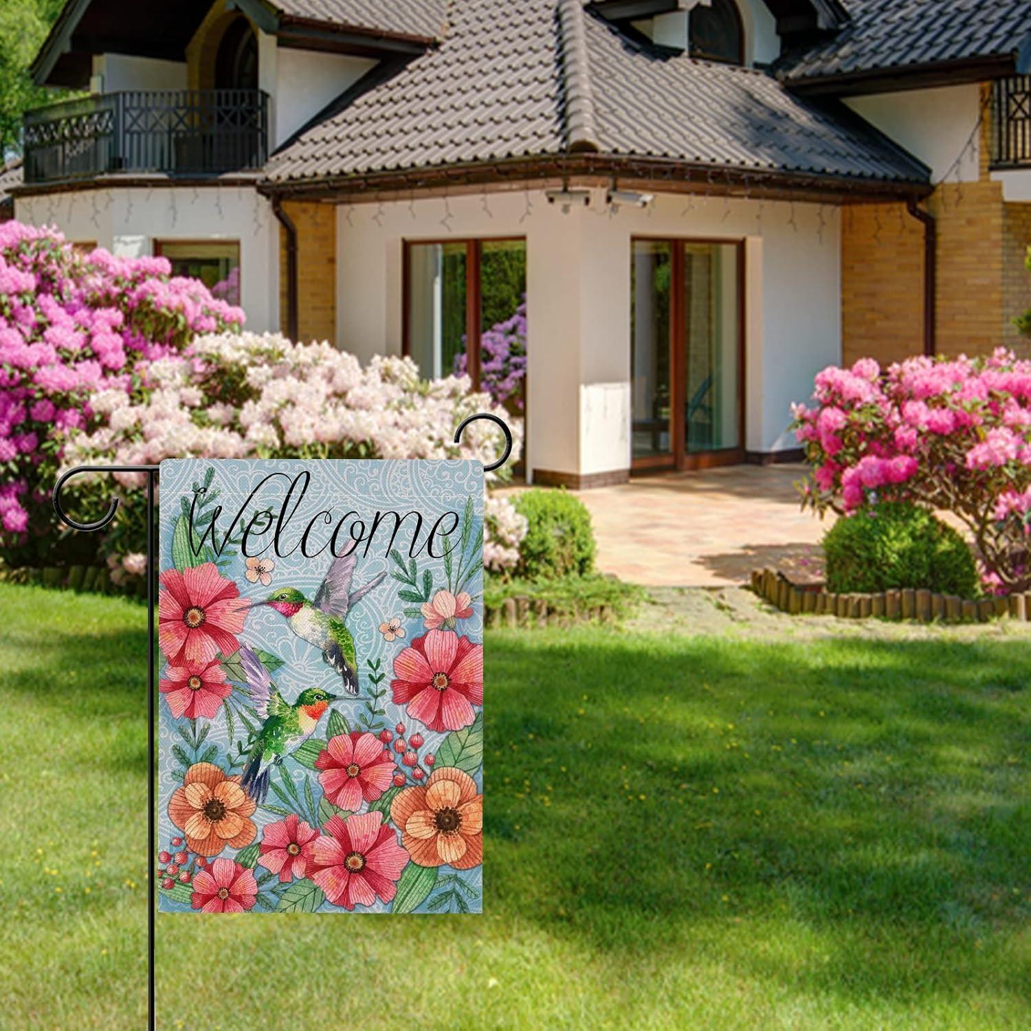 Jbralid Welcome Spring Garden Flag Hummingbird, Decorative House Yard Lawn Outdoor Small Burlap Bird Flag Flower Decor, Vintage Summer Farmhouse Seasonal Outside Decorations Double Sided 12 x 18