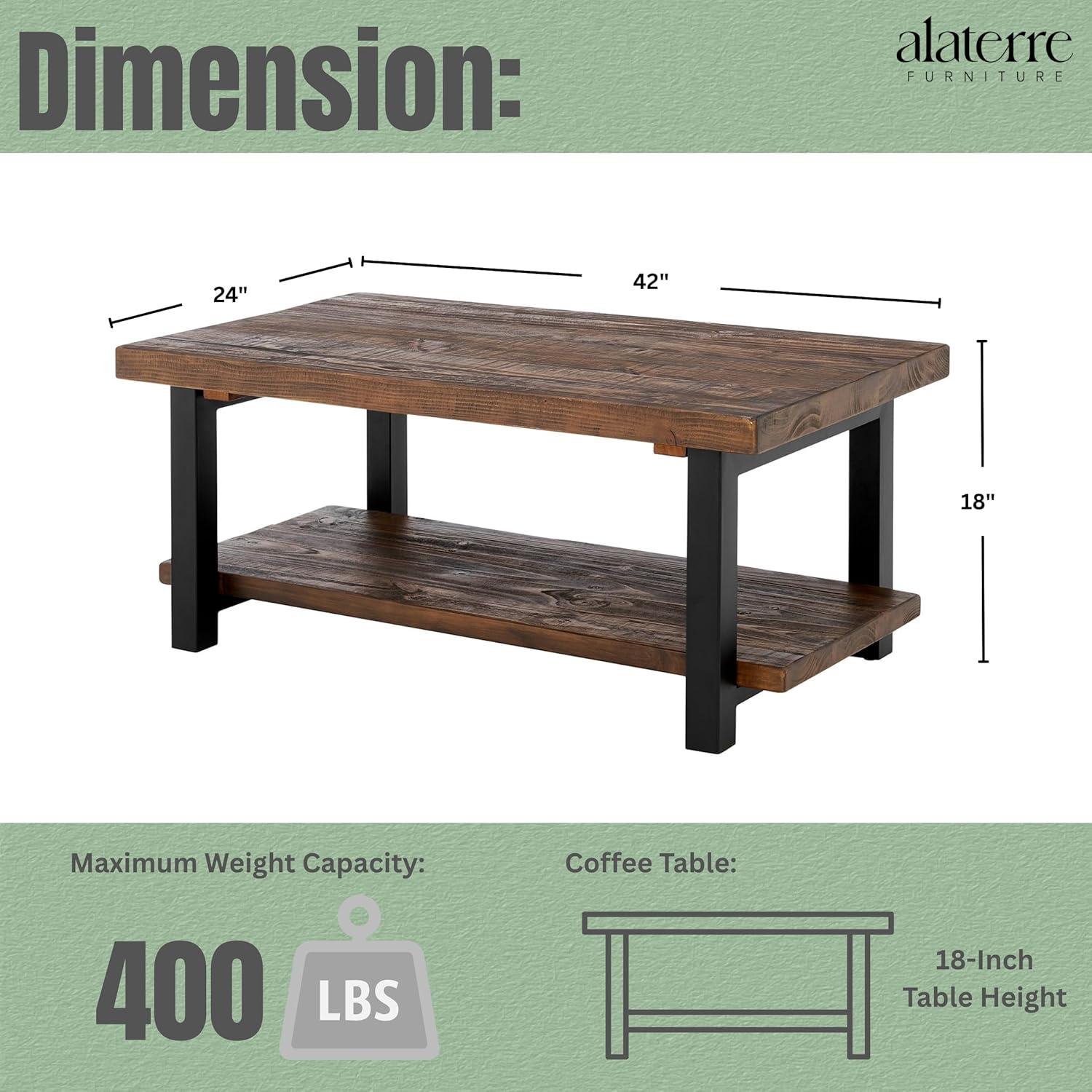 Alaterre Furniture 42" Pomona Wide Coffee Table Wood Rustic Natural: Fixed Shelf, Metal Frame, Living Room Furniture