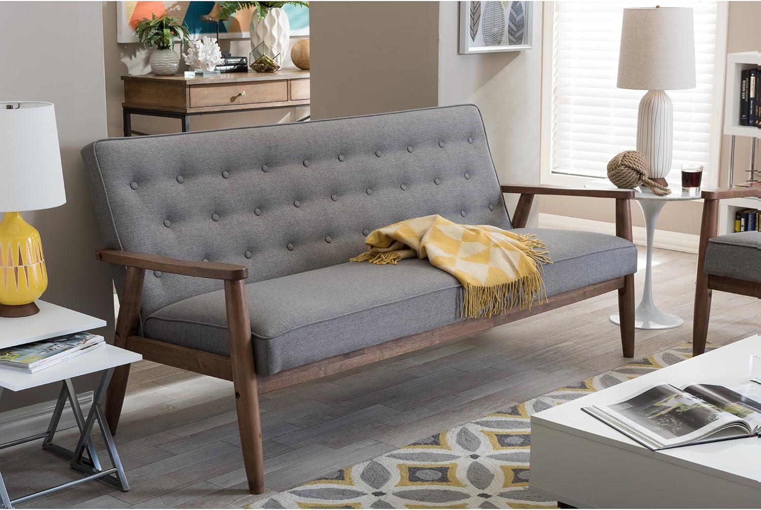 Sorrento Mid-Century Modern Grey Faux Leather 3-Seater Sofa