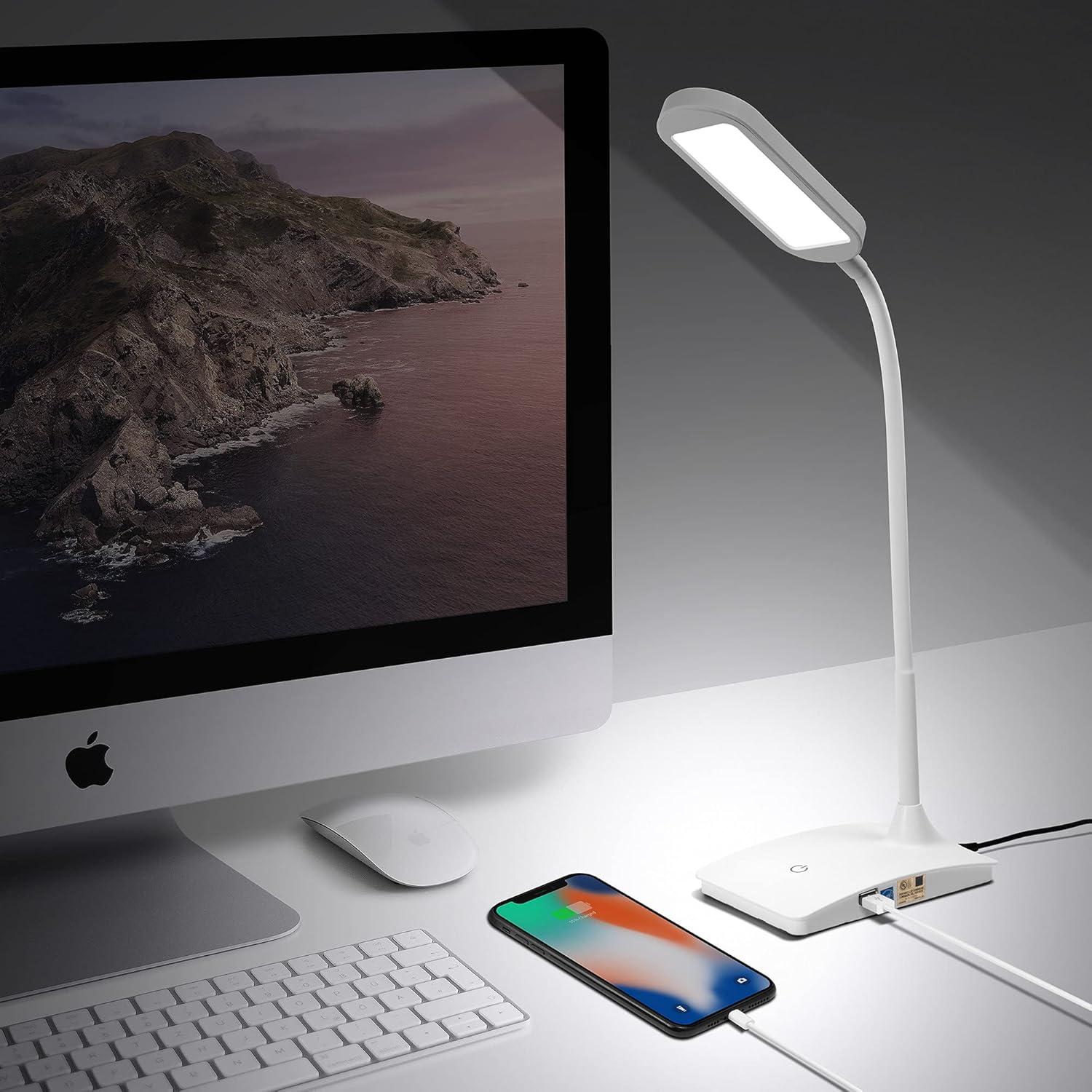 TW Lighting LED Desk Lamp with USB Charging Port Dimmable Study Home Office Lamps White