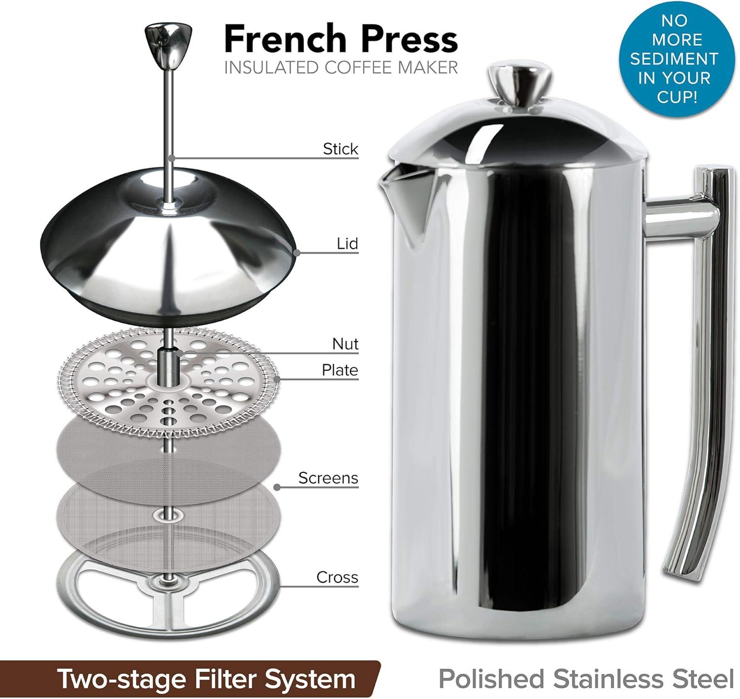 Polished Stainless Steel Double-Walled French Press, 17 Oz