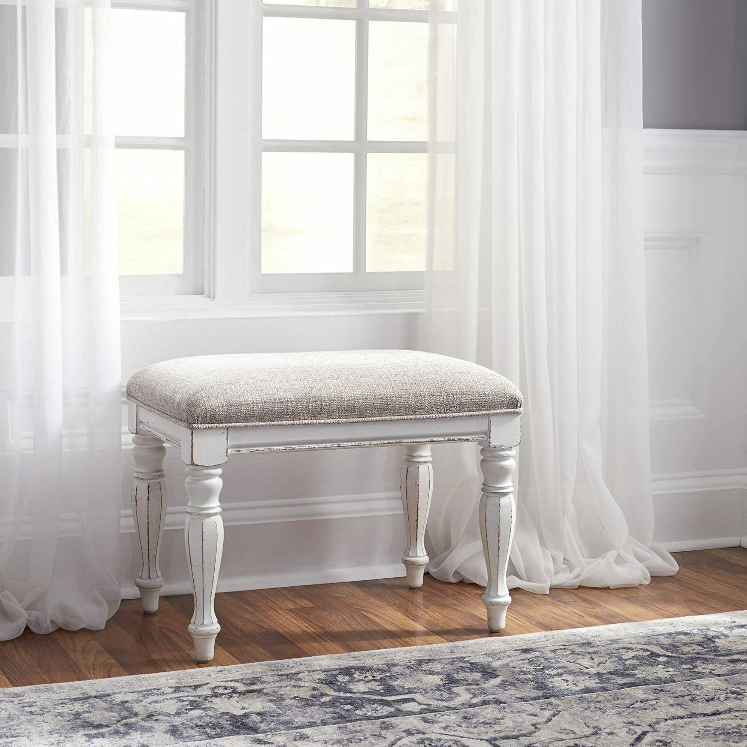 Traditional White and Taupe Upholstered Accent Bench