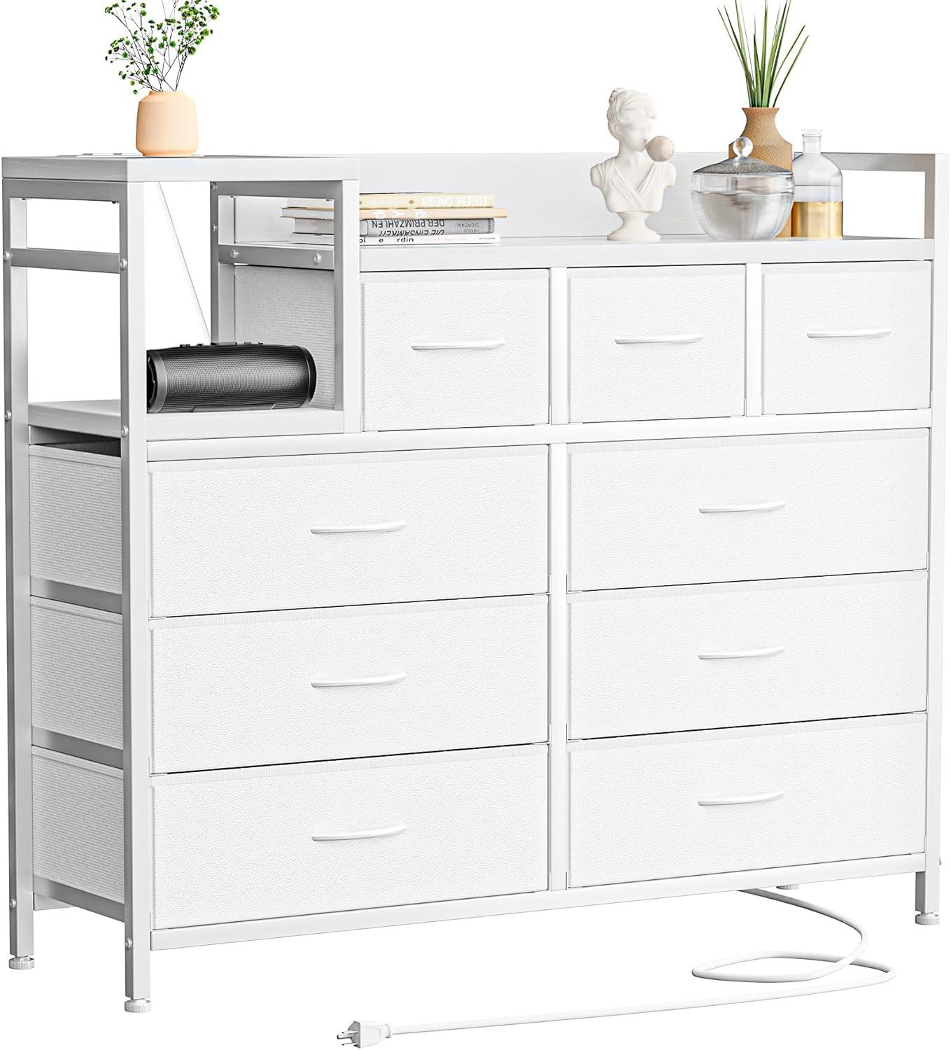 White Fabric 9-Drawer Dresser TV Stand with Power Outlet