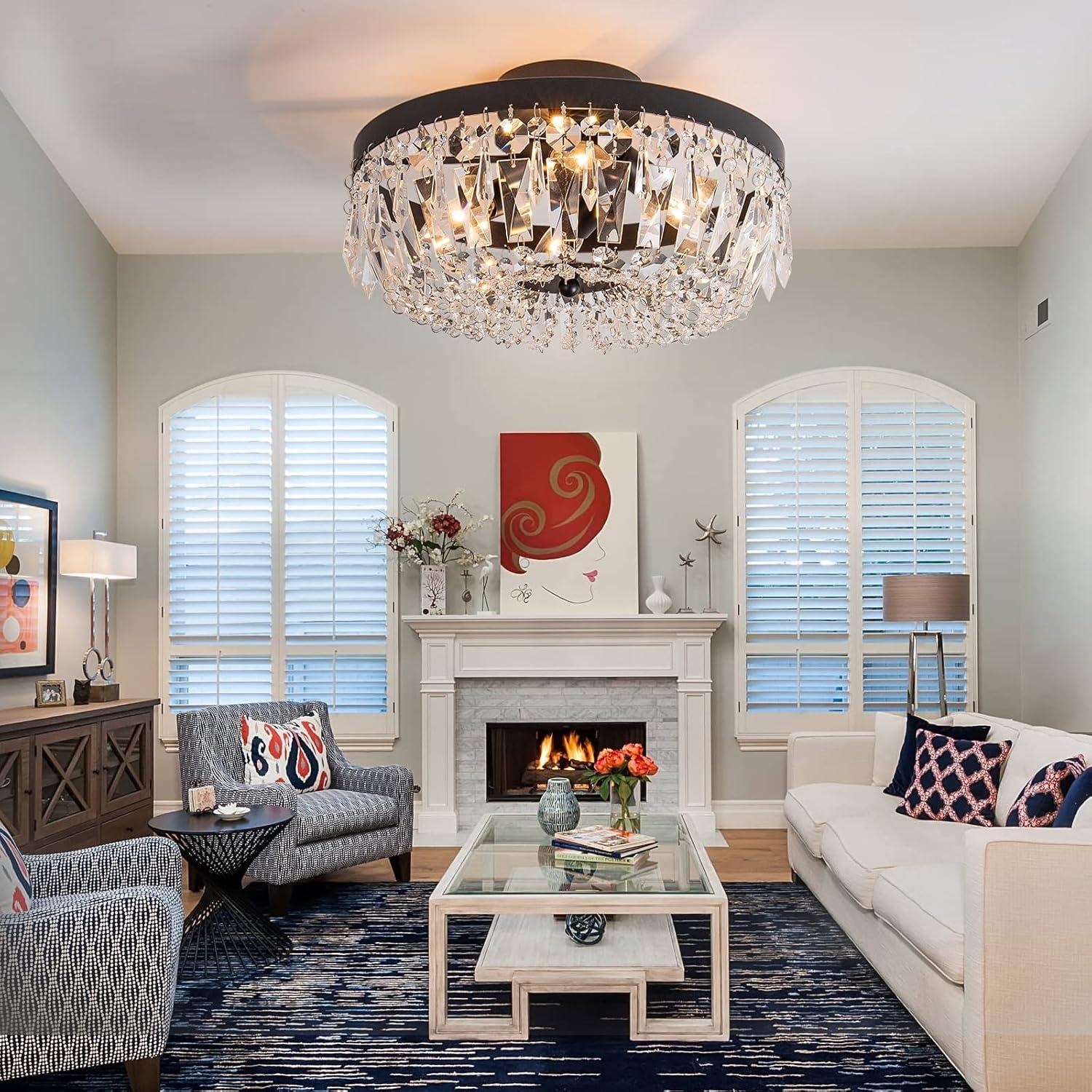 KSRYSZCQ Black Crystal Ceiling Light 4 Light Semi Flush Mount Ceiling Light Crystal Close to Ceiling Light Fixtures for Bedroom Living Room Kitchen Hallway