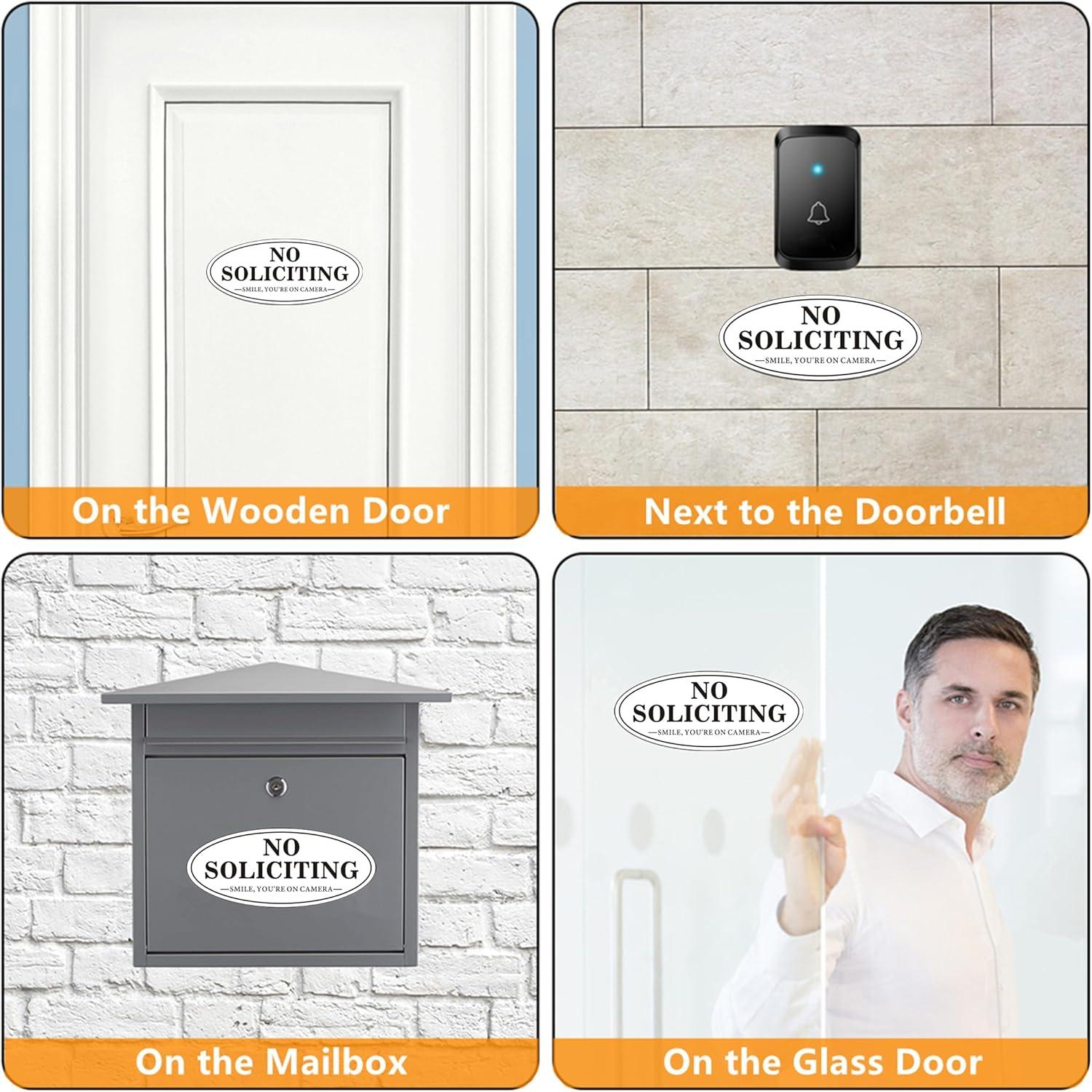 No Soliciting Sign, No Solicitors Sign for Front Door, 2 Pack Self-Adhesive Aluminum Metal No Solitation Do Not Knock or Ring Bell Sign, 7.0 x 3.0 inches Weather Resistant Signs for Home Doorbell Busi