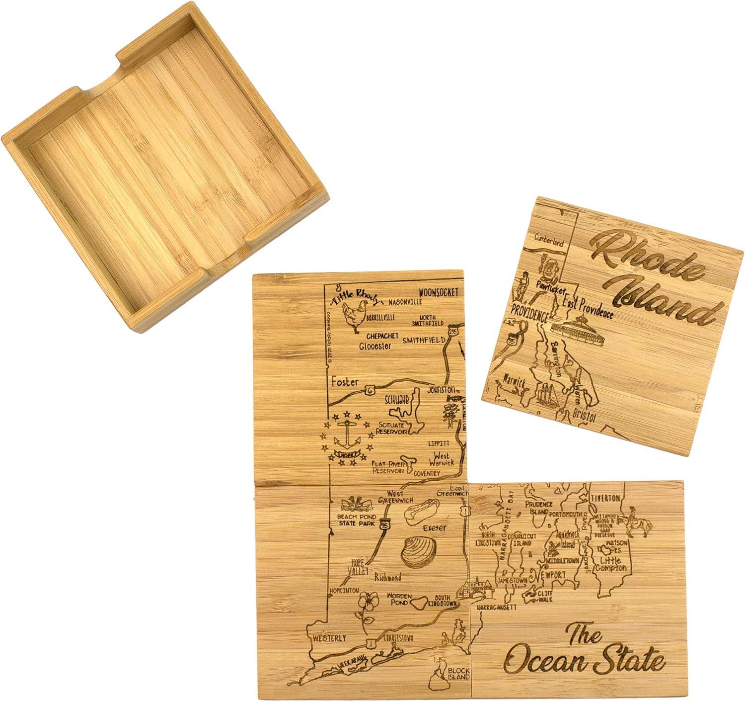 Rhode Island Bamboo Square Puzzle Coaster Set with Case