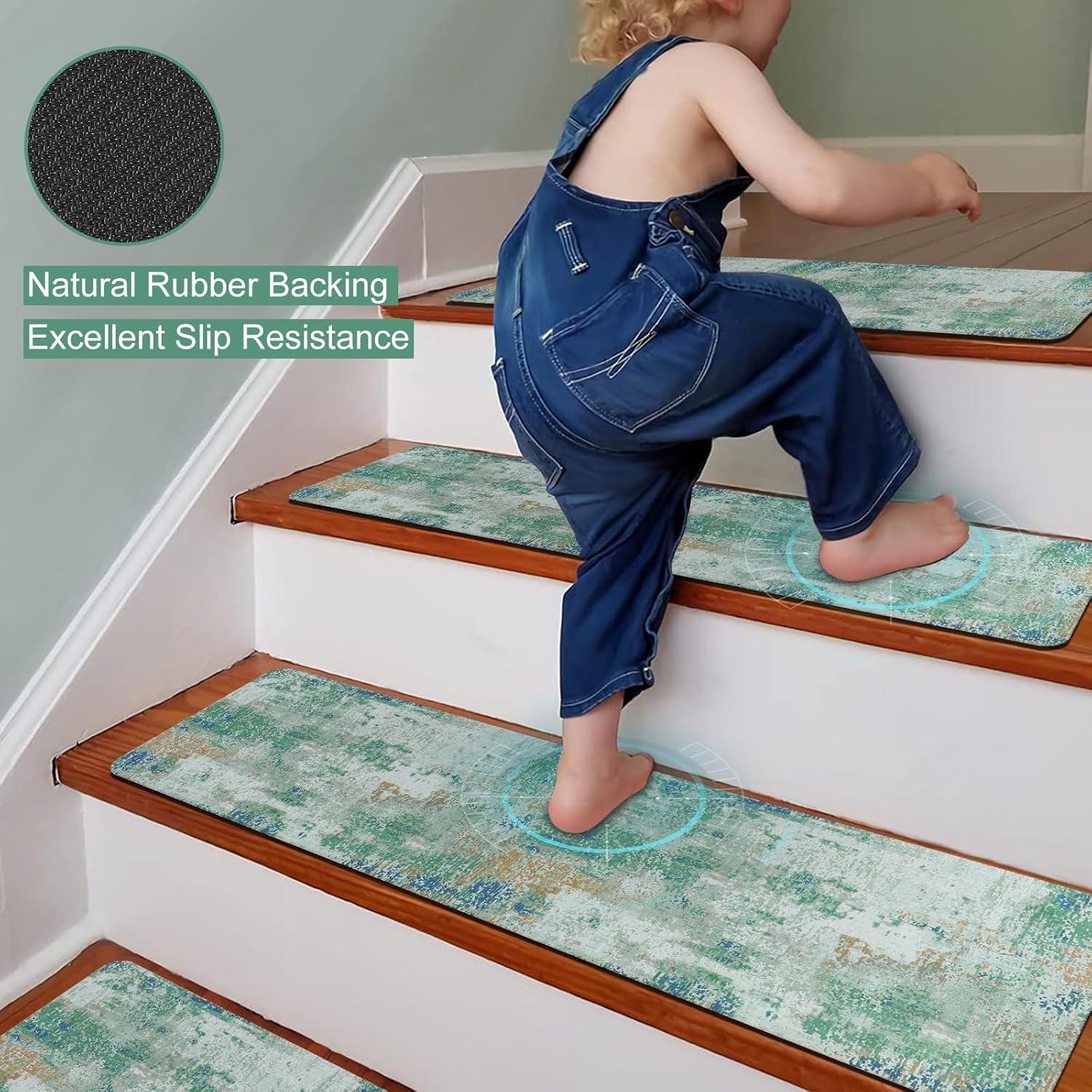 Green and White Non-Slip Rubber Stair Treads Set