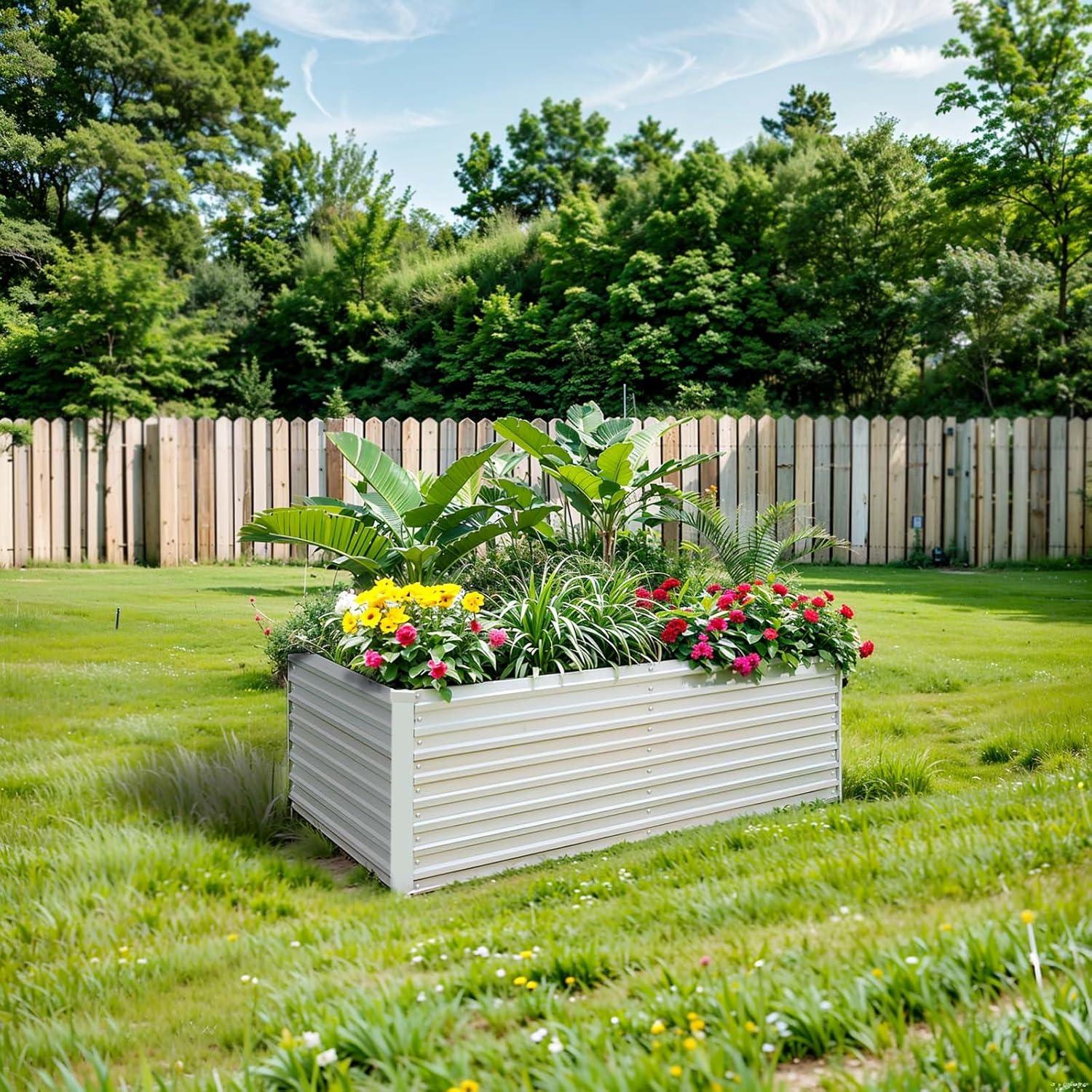 Raised Garden Bed 6x3x2ft, Galvanized Raised Garden Beds Outdoor for Vegetables Flowers Herbs, Steel Large Deep Planter Box, Tall Raised Garden Bed with 3ftx30ft Weed Barrier Fabric and Glove, Beige