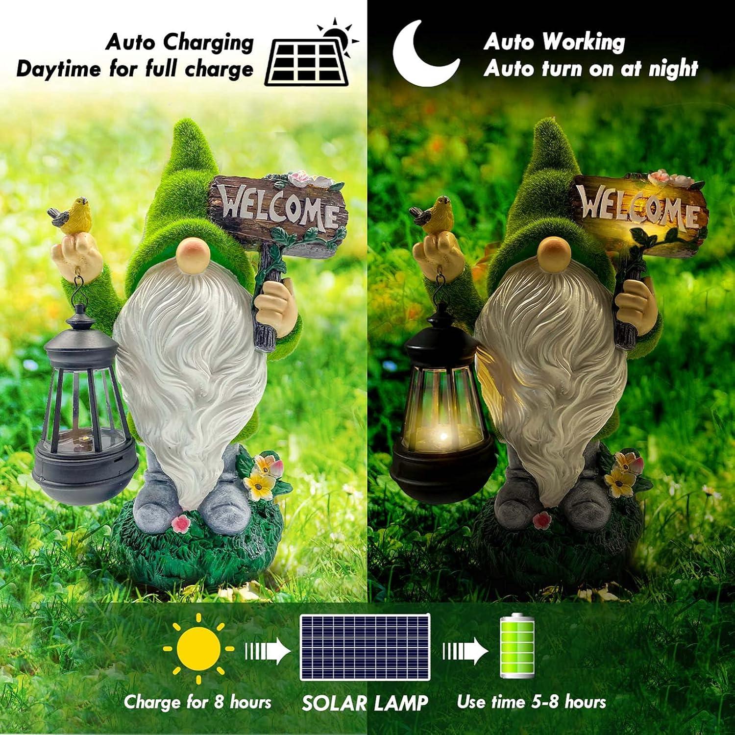 Large Solar Powered Green Garden Gnome with Lantern