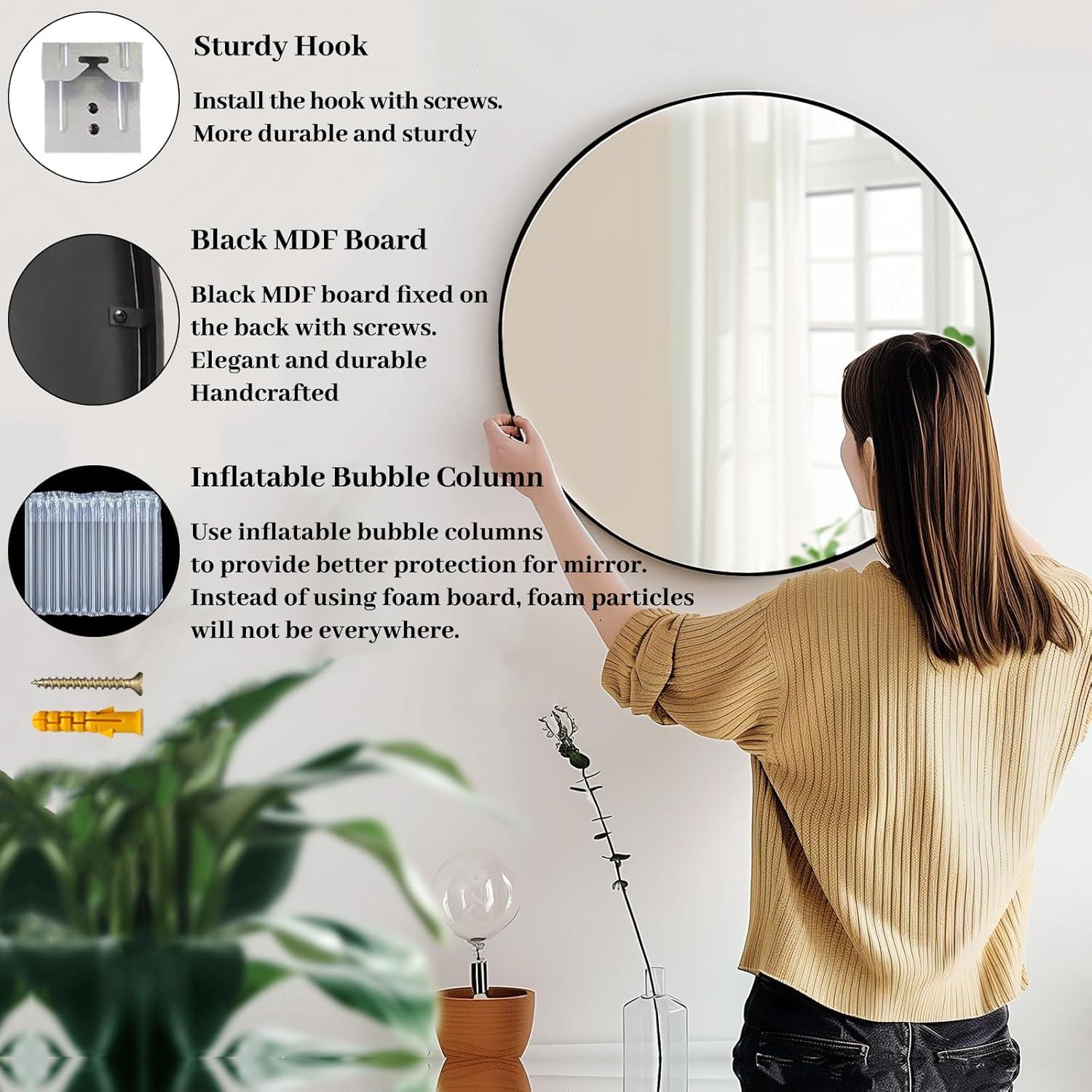 Black Round Mirror, Round Mirror 24 inch, Black Circle Mirrors Metal Frame, Wall Mounted Mirrors for Living Room, Bathroom, Wall, Entryway, Rustic.