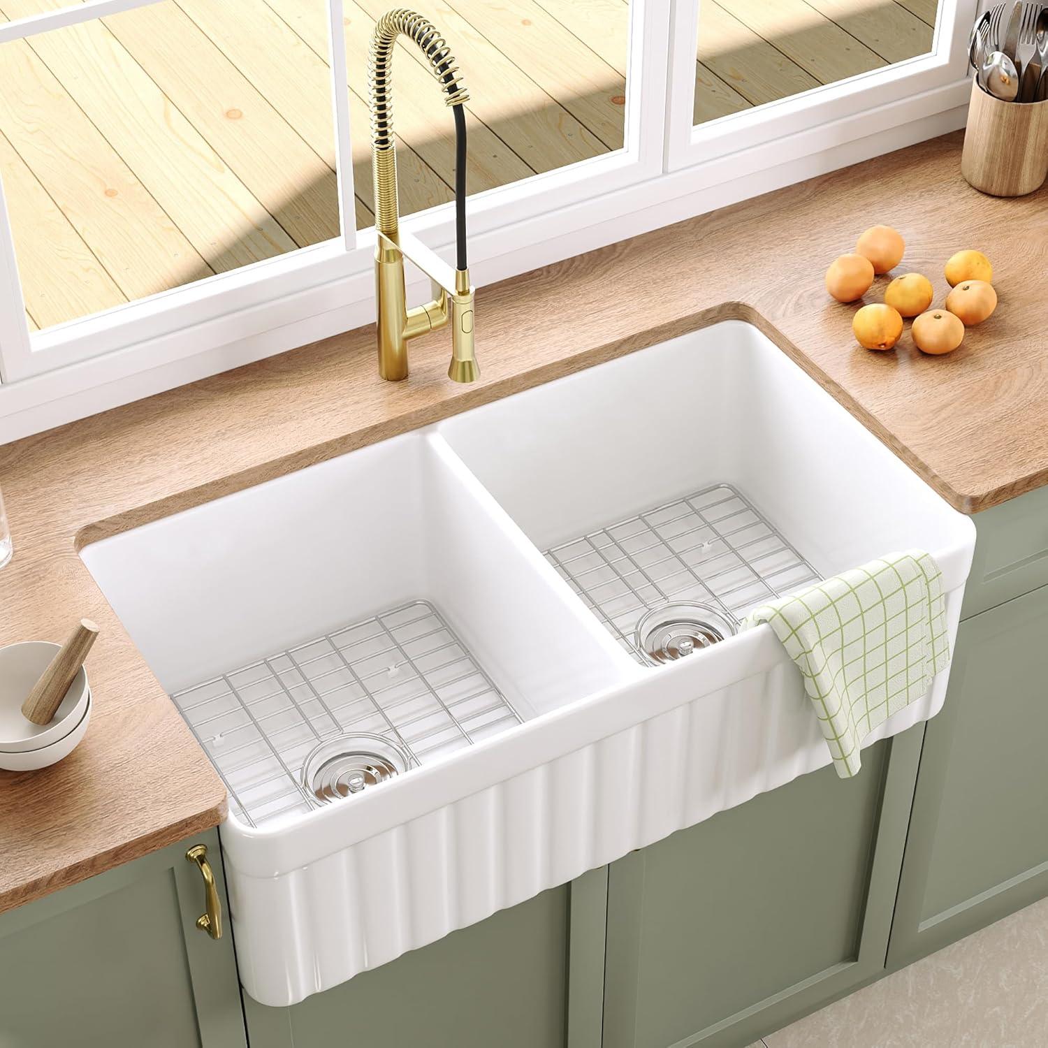 Nova 33" L x 18" W Double Bowl Fireclay Farmhouse Kitchen Sink with Sink Grid and Basket Strainer