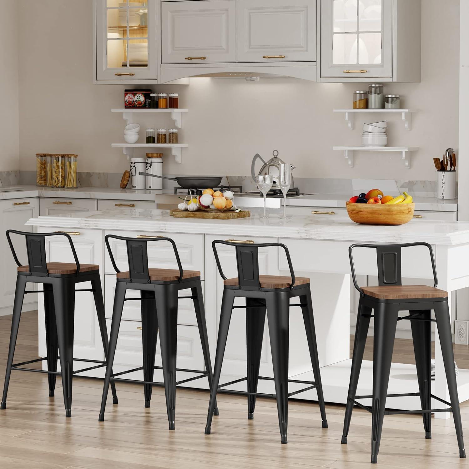 Killeryuki 24'' Metal Bar Stool 4PCS Low Back Conuter Stools for Indoor/Outdoor Barstools Metal Black Stools Bar Chairs w/Wooden Seat Metal Leg Industrial Counter Height Stools Black
