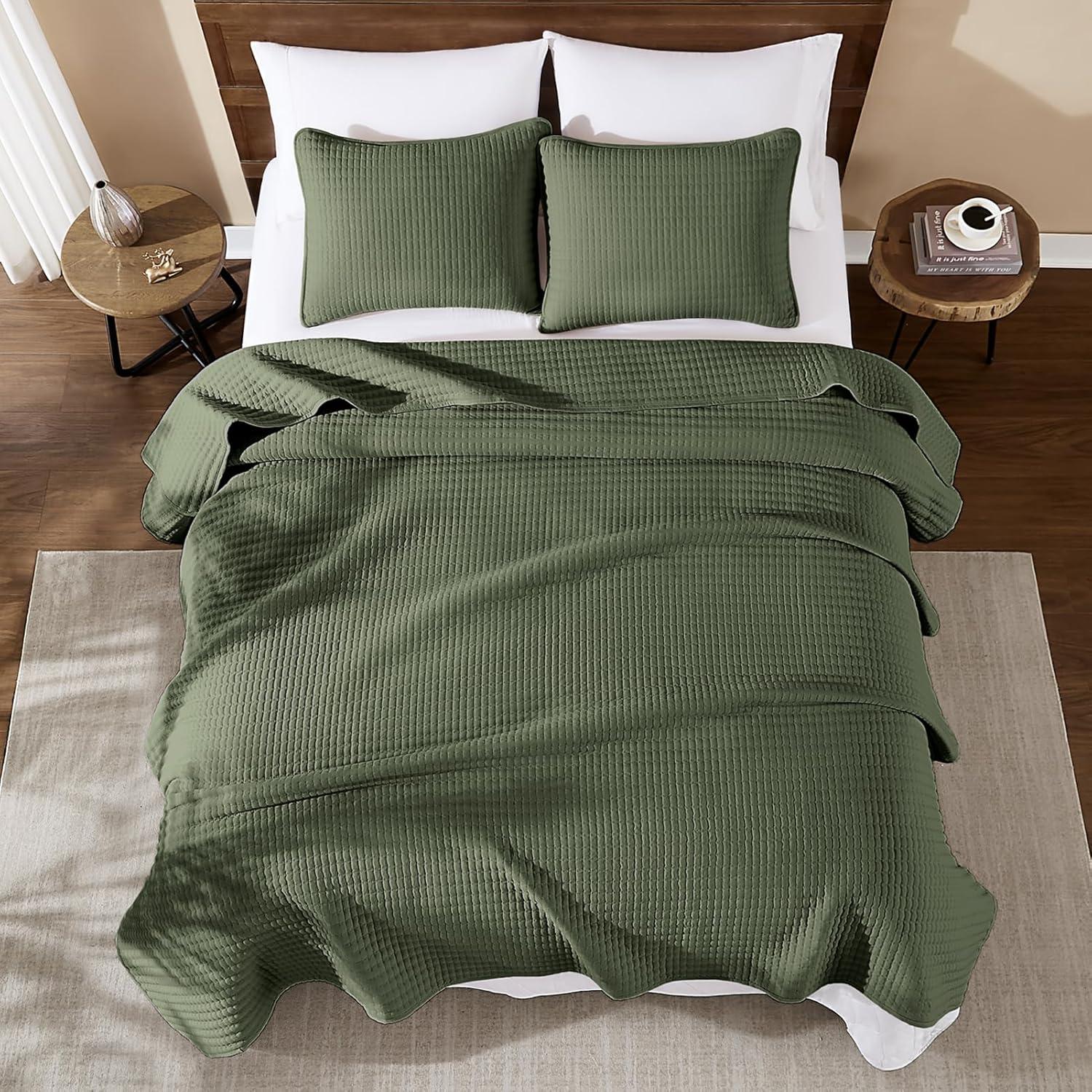 Olive Green Queen Size Microfiber Bedspread Set